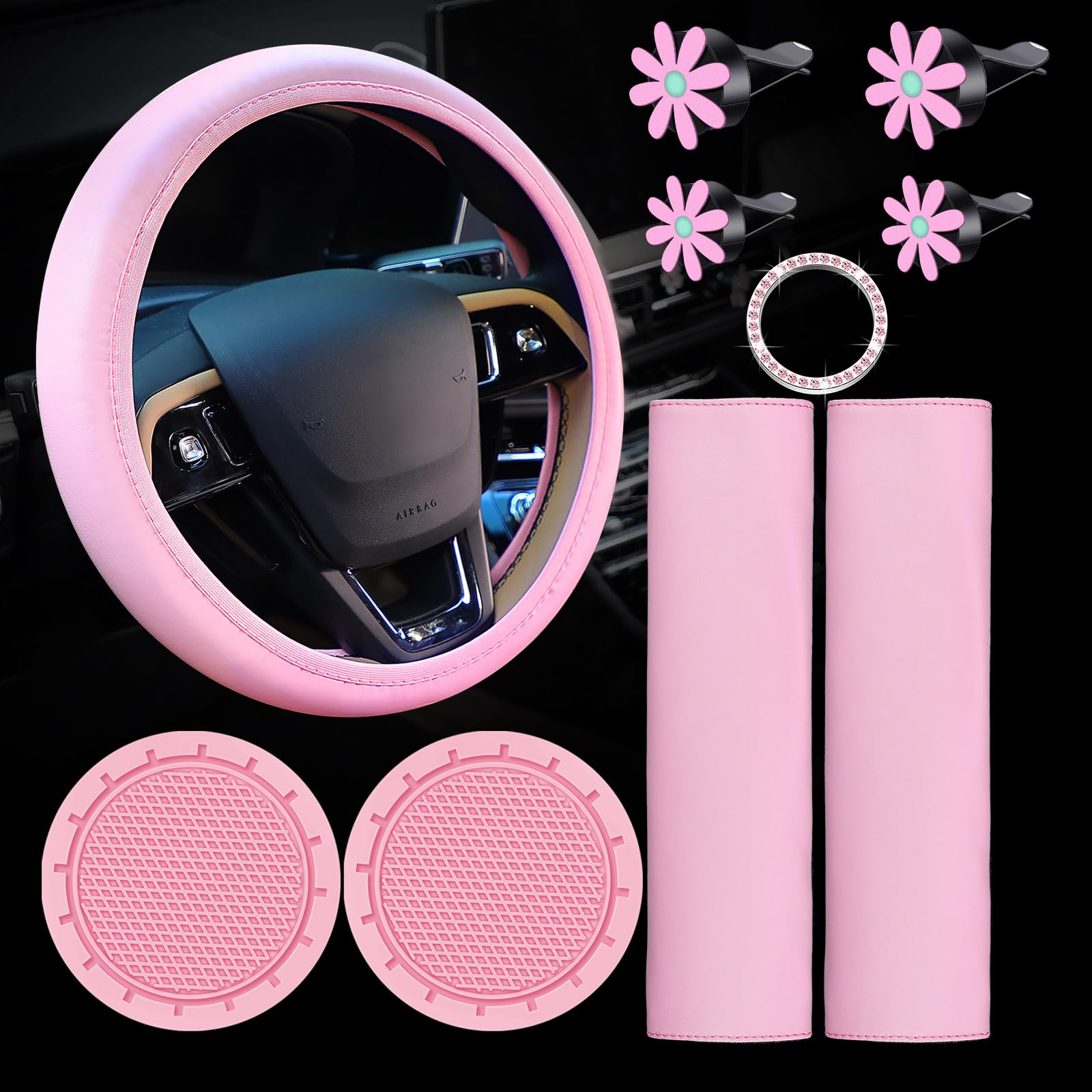 Frienda 10 Pcs Leather Steering Wheel Cover Set For Women 14.5-15 Inch Car Accessories With Seat Belt Shoulder Pad Seatbelt Cove