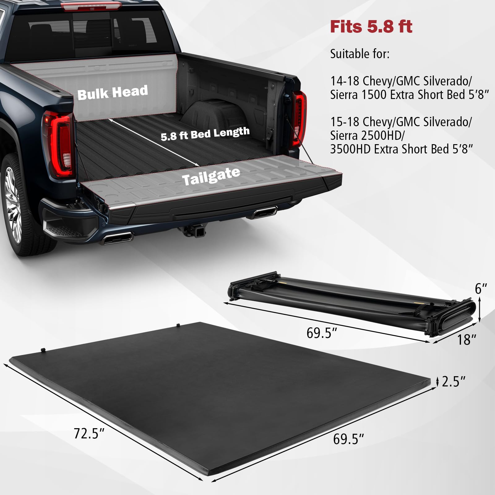 Ironmax Truck Bed Cover, Soft Tri-Fold Truck Tonneau Cover Compatible With 2014-2023 Chevy Silverado/Gmc Sierra 1500 2500Hd/3500Hd, Fleetside 5.8 Feet Bed