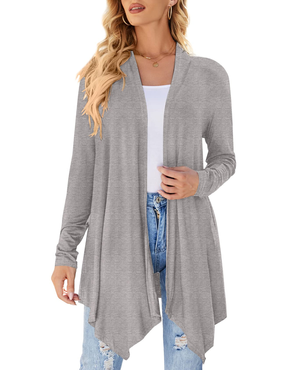 Women Long Sleeve Lightweight Draped Open Front Cardigan Irregular Fall Fashion Dusters Light Grey M