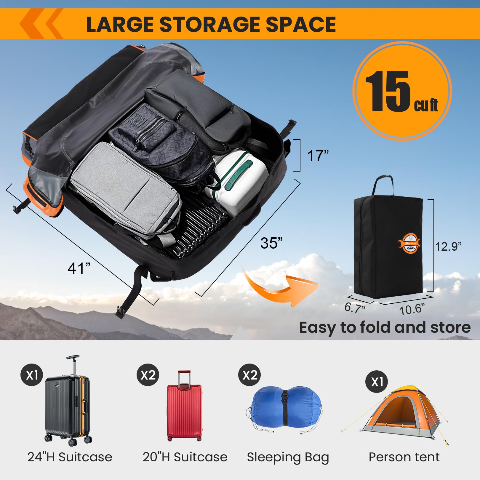 Sailnovo Rooftop Cargo Carrier, 15 Cubic Waterproof Soft-Shell Car Roof Cargo Carrier For Top Of Vehicle With/Without Roof Rack,