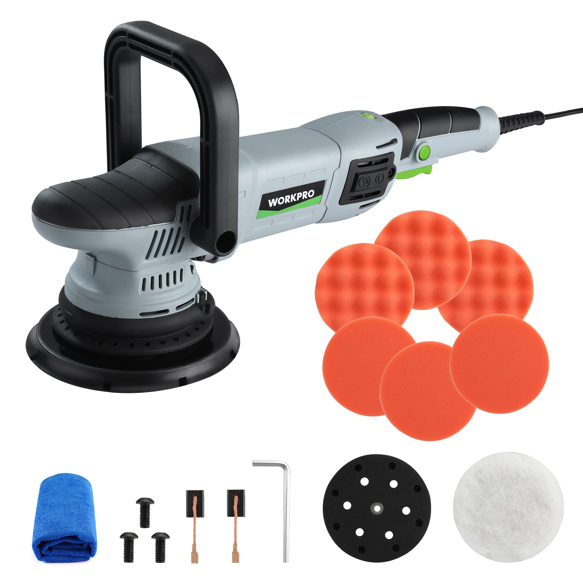 WORKPRO Buffer Polisher, 6-inch 1080W Dual Action Random Orbital Polish Kit for Car Detailing, 6 Variable Speed DA Polisher with