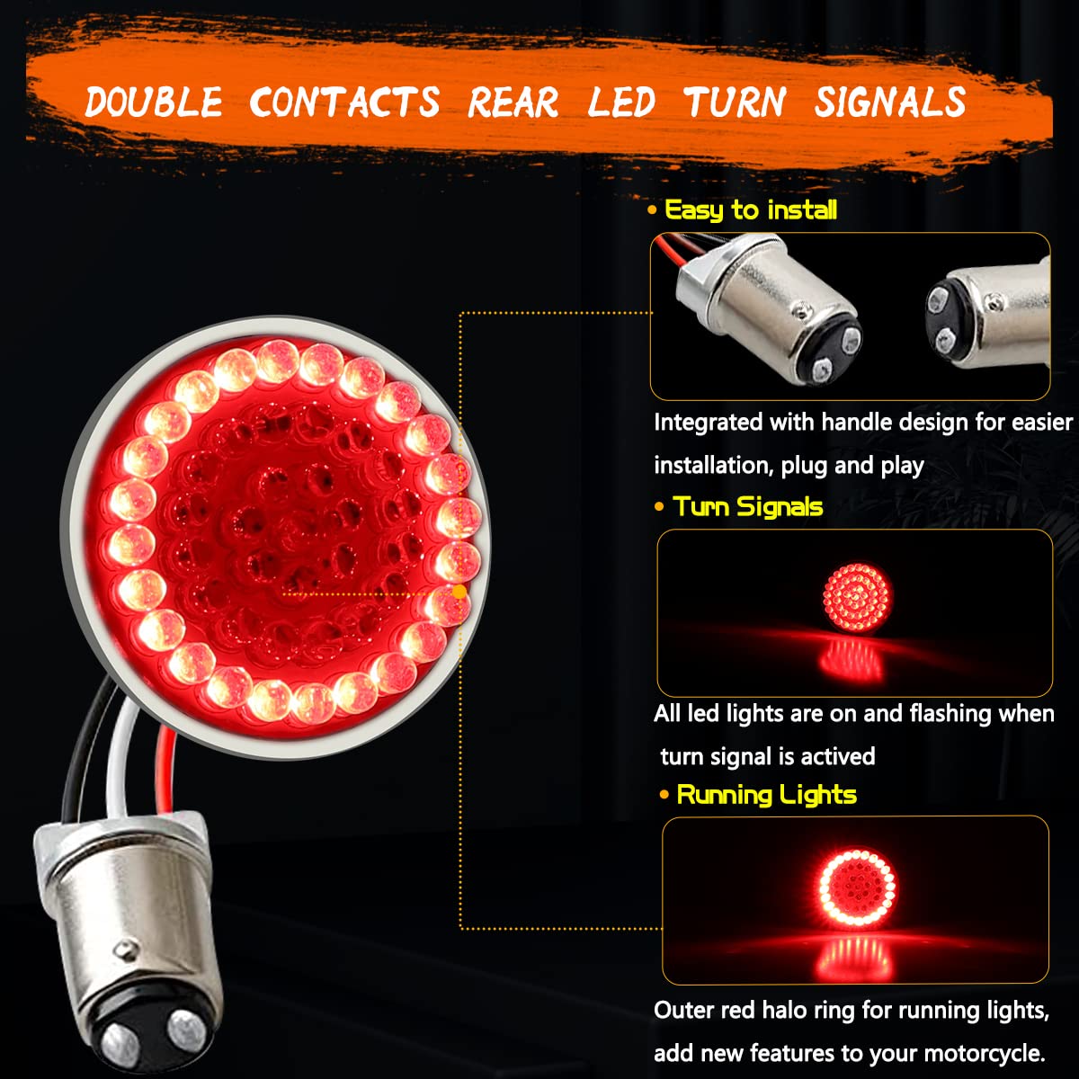 Motoparacc 1157 Rear Led Turn Signal Lights, 2 Inch Bullet Red Brake Tail Light With Smoked Lens Cover For Harley Sporster 1200,