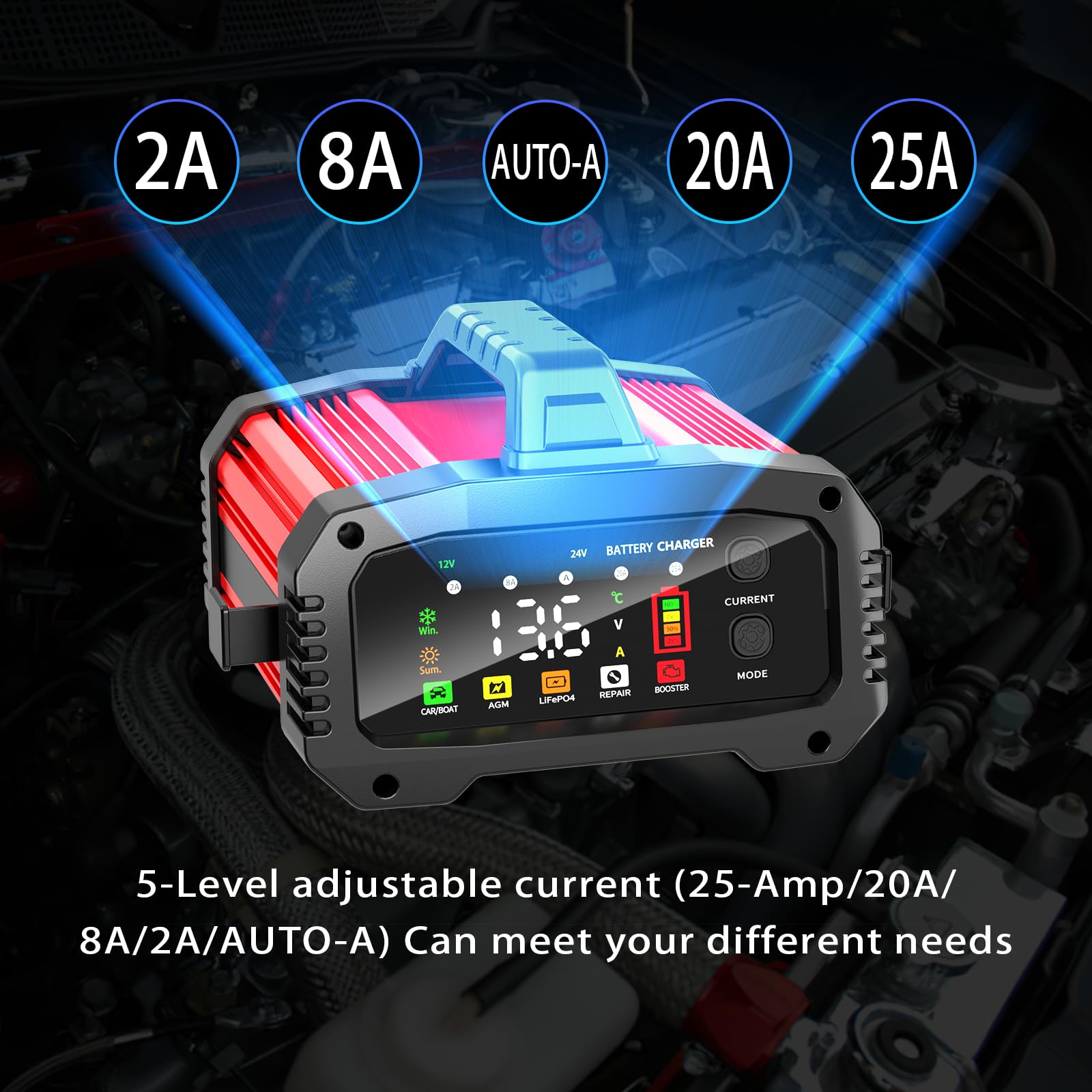 Yonhan 25A Battery Charger & Maintainer,12V/24V All-In-One Charger For Lifepo4, Lead Acid, Agm, Lithium, Marine, Boat, And Deep