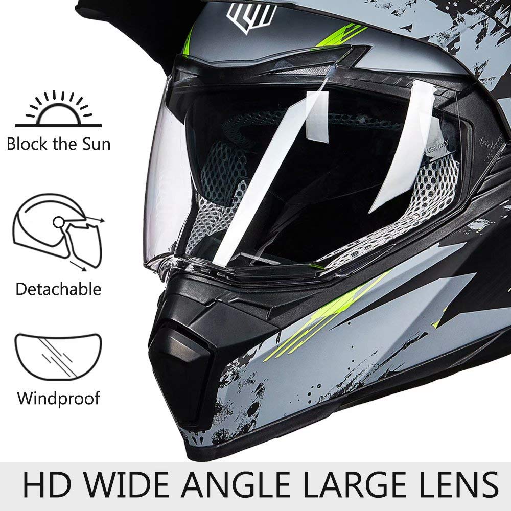 Ilm Off Road Motorcycle Dual Sport Helmet Full Face Sun Visor Dirt Bike Atv Motocross Casco Dot Certified Model 606V(Grey Yellow