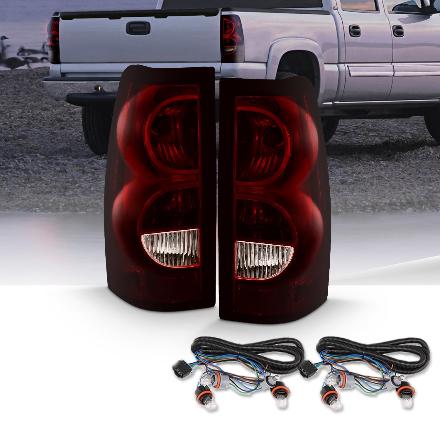 Amerilite Red Smoke Tint Replacement Brake Tail Lights Set For Chevy Silverado 2003-2006 Truck W/Bulb And Harness