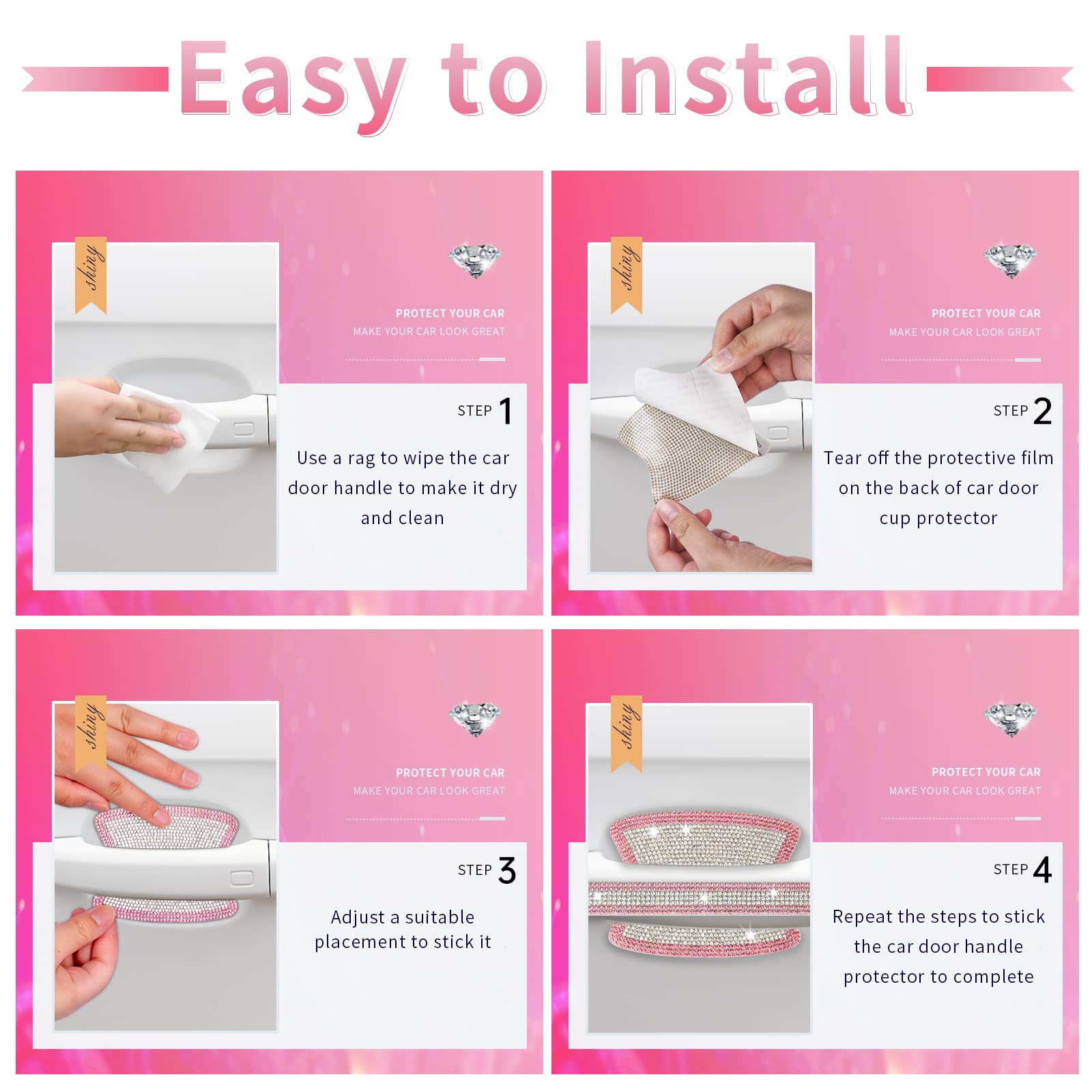 Insauto Bling Car Accessories For Women, Bling Car Handle Protector, 8Pcs Rhinestone Car Door Handle Bowl Decoration(Pink)