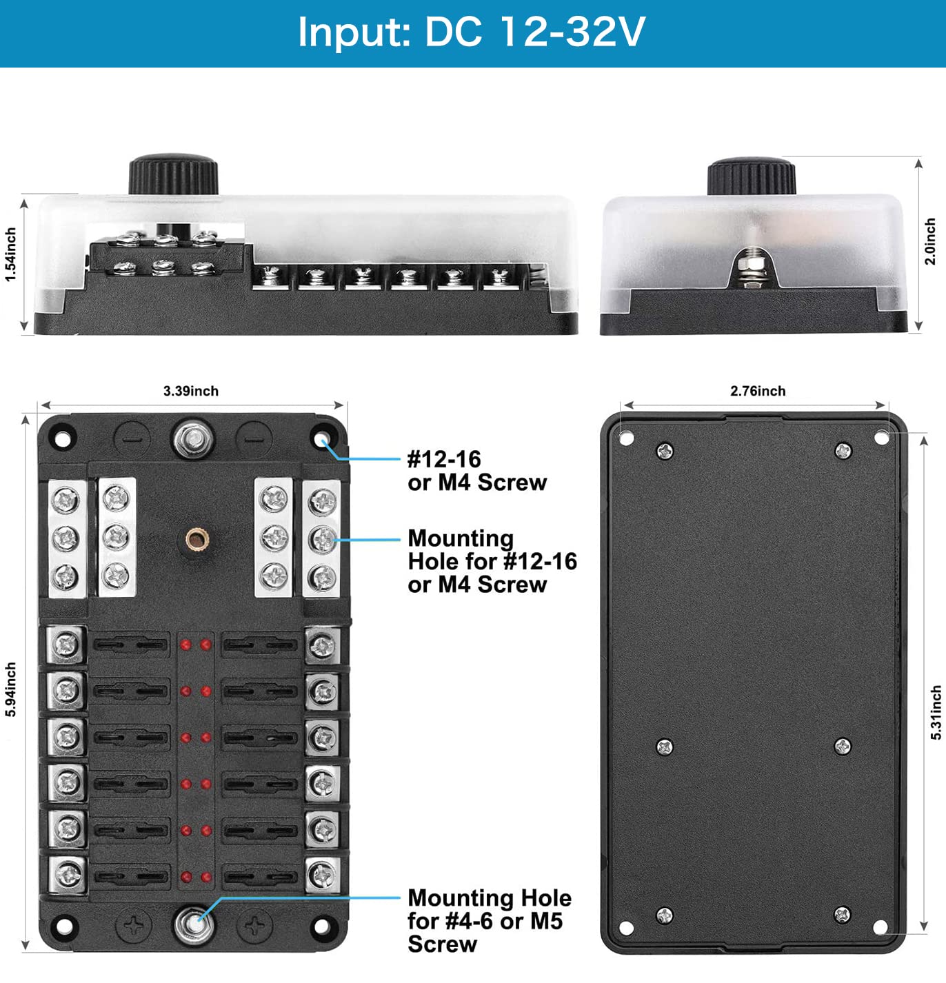 12 Volt Fuse Block, Marine Boat Fuse Block Waterproof 12 Way Automotive Fuse Box With 12 Ground Negative Busbar [100 Amp Max] [A