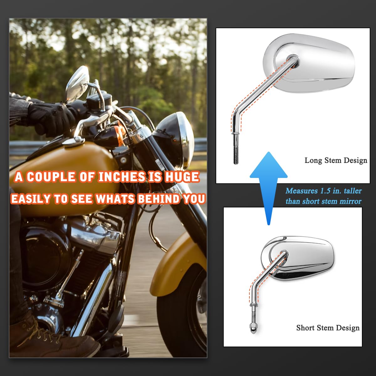 Fovplue Handlebar Mount Mirrors,Left & Right Side Long Stem Rearview Mirrors For 1982-2024 Harley Models,For Cvo Dyna Electra Glide Road Glide Road King Softail Street Glide Sportster 1200 883,Chrome