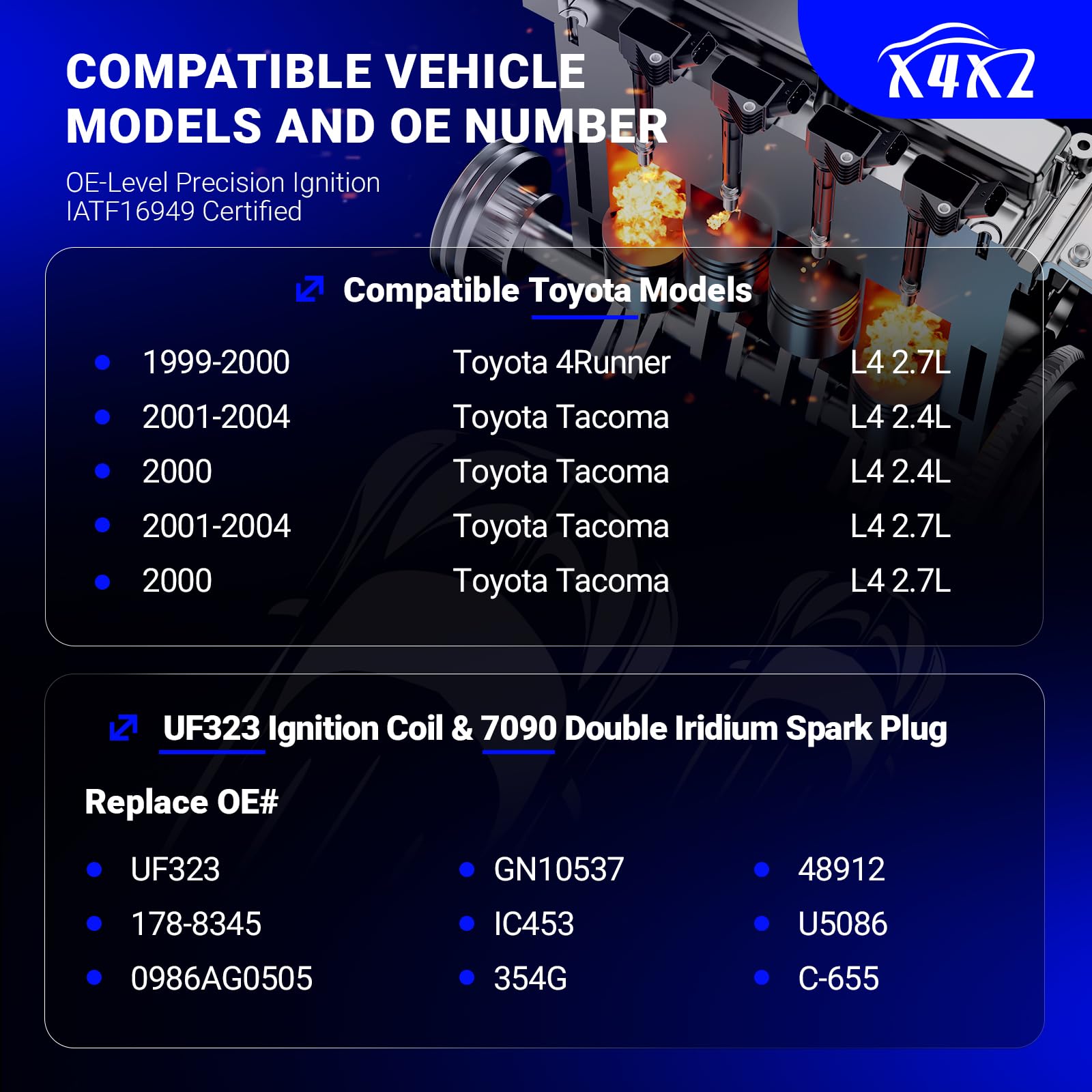 Uf323 Ignition Coil & 7090 Double Iridium Spark Plug For Toyota 1999-2000 4Runner,2000-2004 Tacoma L4 2.4L 2.7L Replaces# C1305