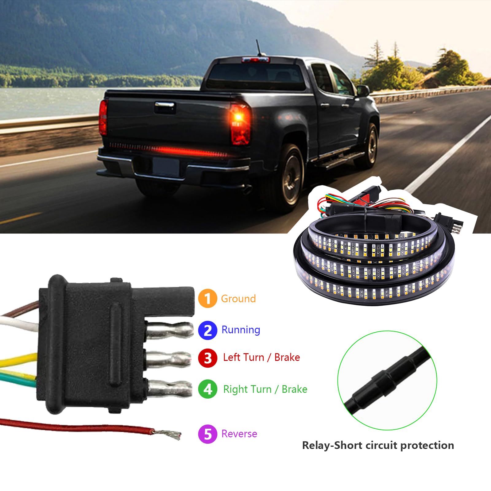 Kewucn Tailgate Light Bar 48'' Led, Ip65 Triple Row Led Strip With Red Running Brake White Reverse Red Turning Signals Lights, U