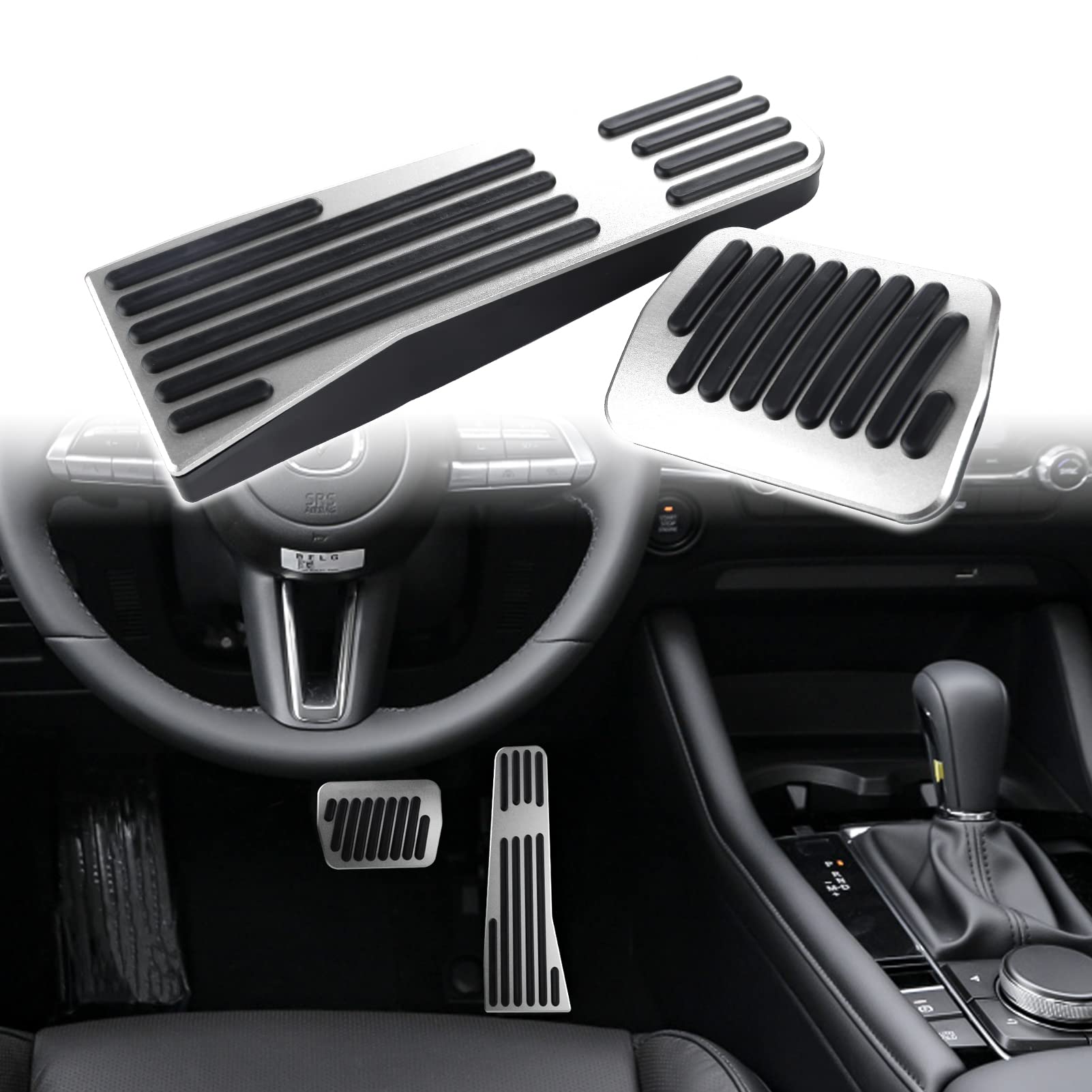 Anfokas Compatible With Mazda 3 Cx-30 Mx-30 Cx-50 Cx-90 Accessories Sporty Anti-Slip Car Interior Foot Pedal Covers Rest Brake Gas Accelerator Pedal Pads -Silver