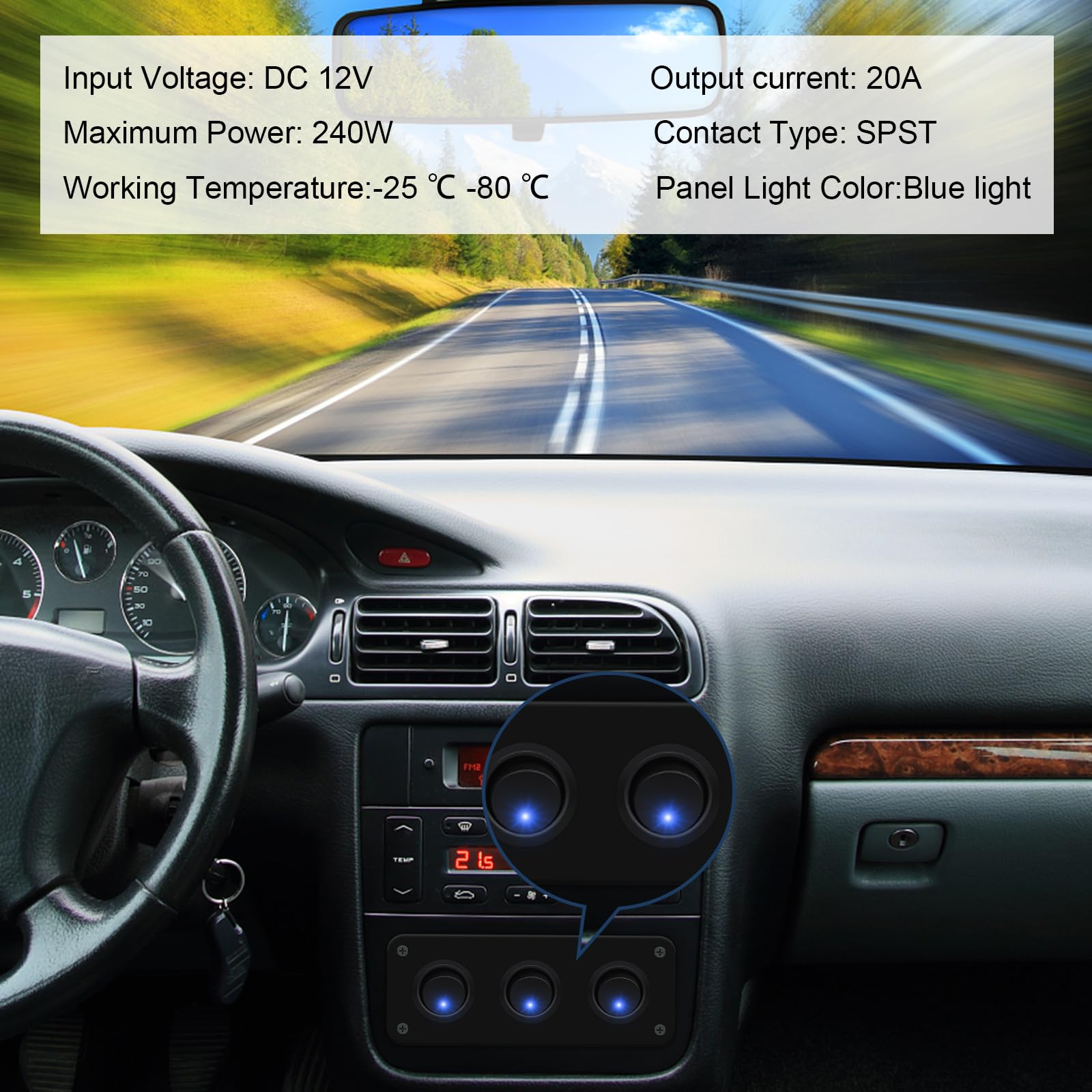 RVZONE 3 Gang Rocker Toggle Switch Panel, DC 12V 20A Blue LED Switch Panel Round Lighted ON Off SPST Switch Control for Ships, Y