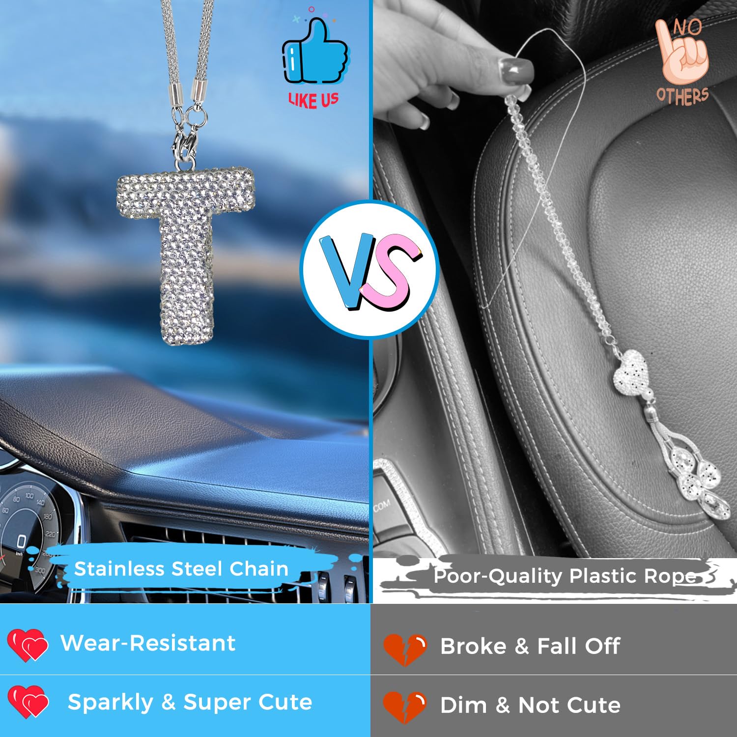 Hitluste Bling Car Accessories For Women Letter Charm, Rear View Mirror Ornament Cute Hanging Crystal Pendant Girl Car Decoratio