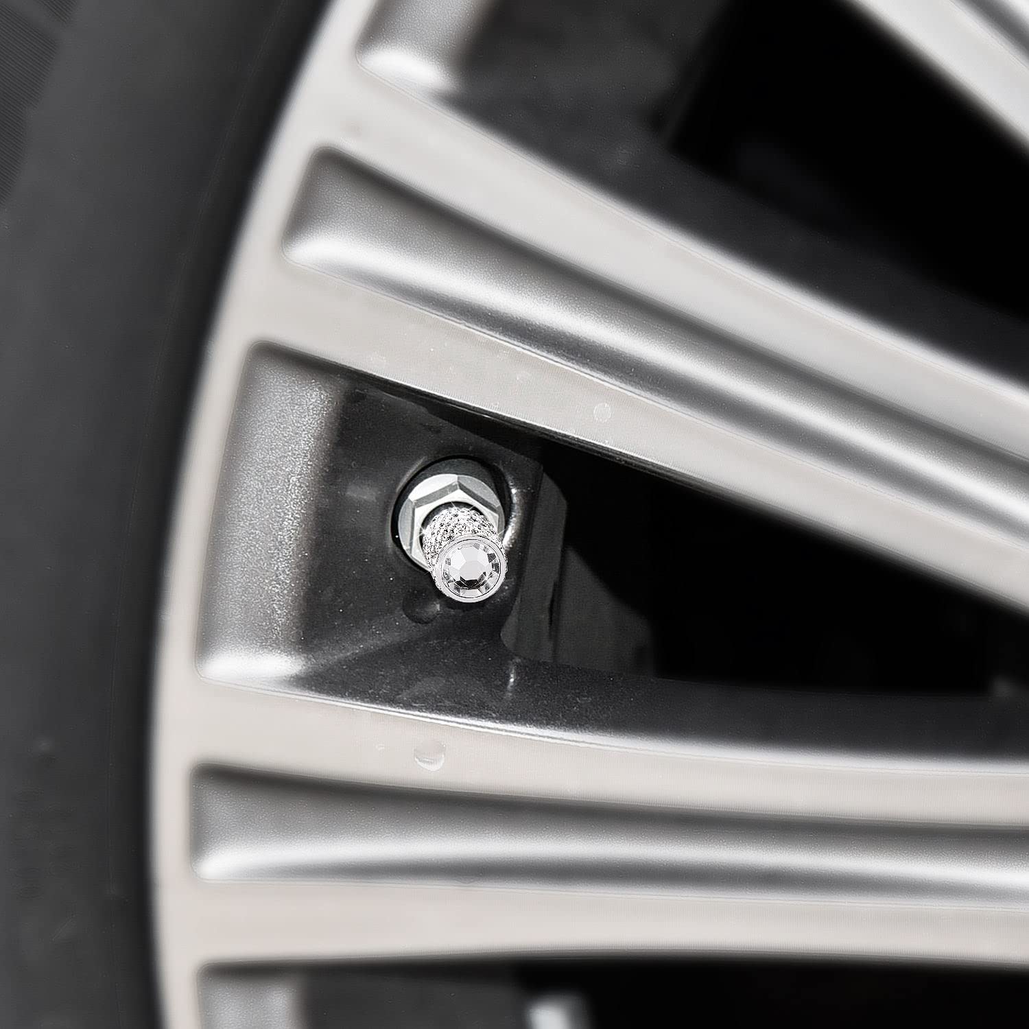 Tobequeen Bling Tire Valve Caps, 4 Pack Handmade Crystal Rhinestone Tire Caps Universal Bling Car Accessories For Women Dustproof Bling Valve Stem Caps Cover For Car/Suv/Motorcycle/Bike(Silver)