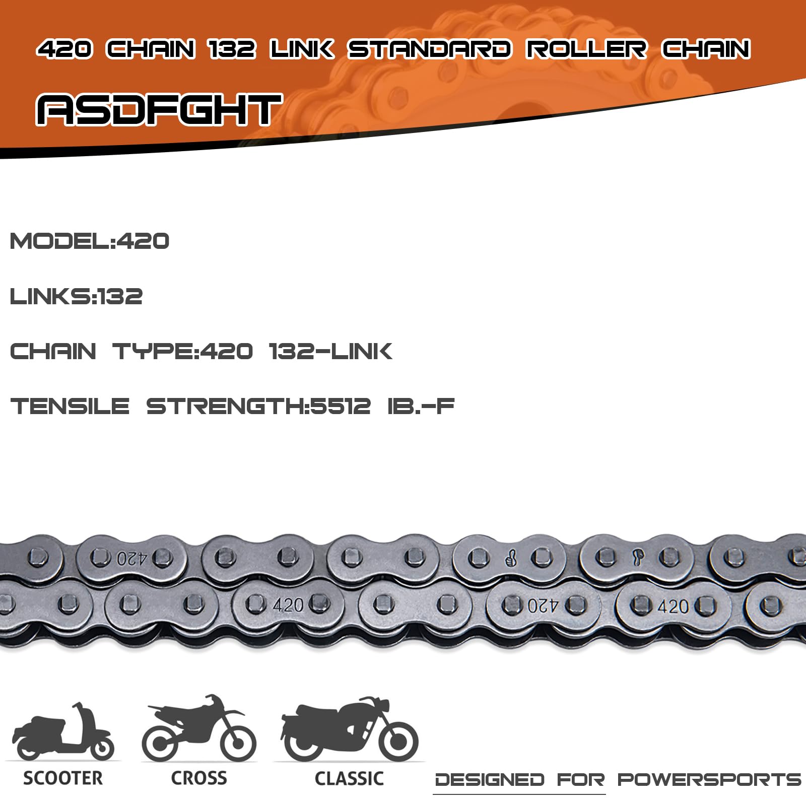 ASDFGHT 420 Motorcycle Chain - Heavy Duty 132 Links, Alloy Steel, Black - Ideal for 110cc, 125cc ATV, Dirt Bike, Mini Bike, Scooter