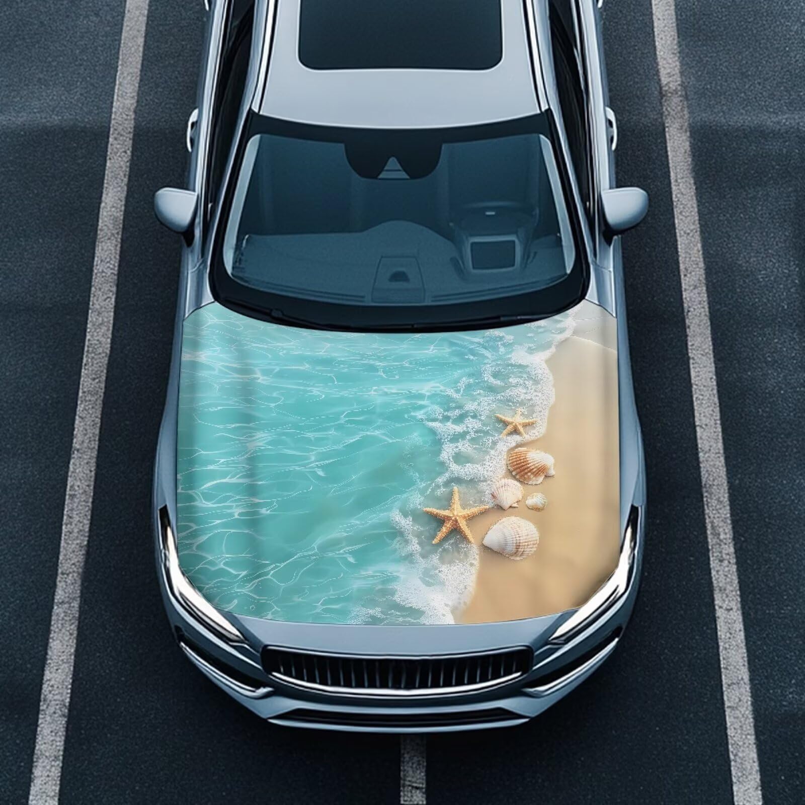 Qiyupavto Beach Starfish Shells Hood Cover for Car SUV Sedan Truck, Waterproof Elastic Polyester Car Hood Protector, Automotive