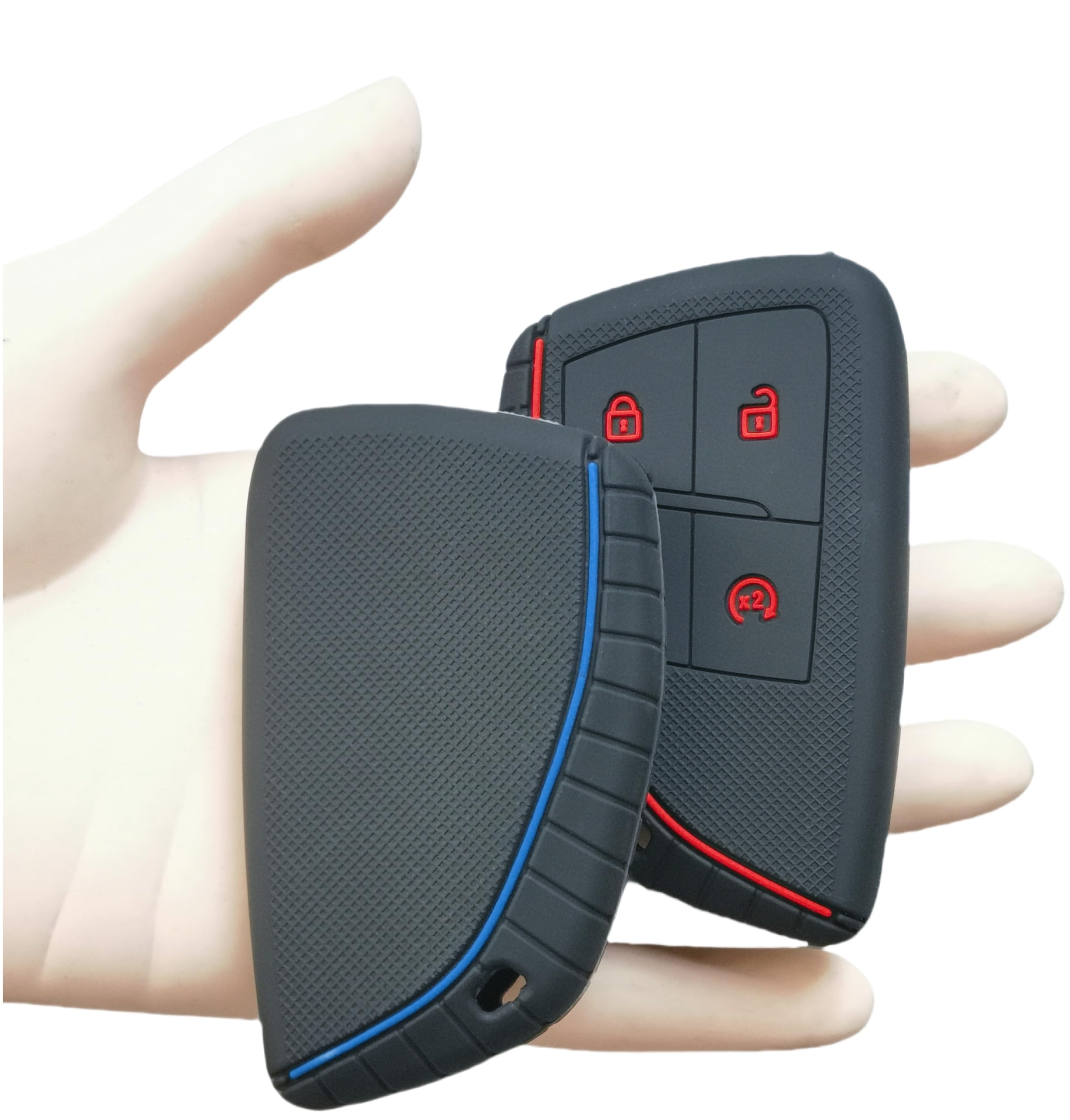 RUNZUIE 2Pcs 4 Buttons Silicone Smart Key Fob for 2023 2024 Chevy Chevrolet Colorado Key Fob Cover (Black with Blue/Red)