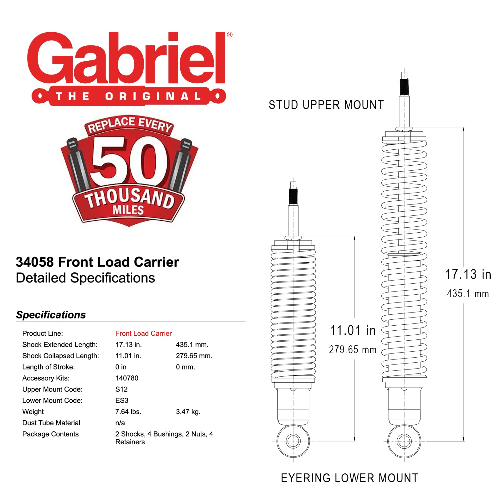 Gabriel 34058 Load Carrier Front Towing Shock Absorbers For Ford Bronco; E-250 Econoline; E-250 Econoline Club Wagon; E-350 Econ