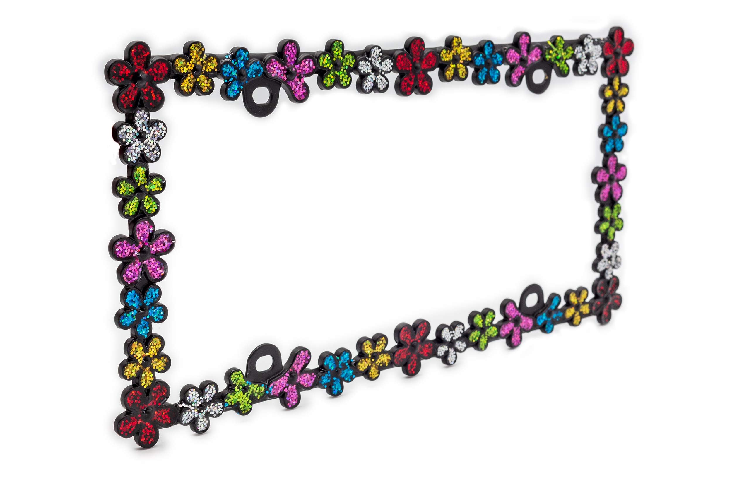 Creathome 3D Shining Daisy Wrenth License Plate Frame From Pure Zinc Alloy Metal Perfect Plate Holder, Matt Black With Colorful