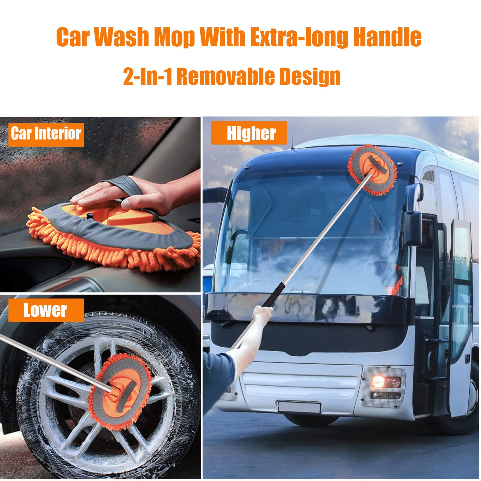 Greatcool 62'' Car Wash Brush Mop Kit With Long Handle, 2 In 1 Chenille Microfiber Sponge Mitt Cleaning Detailing Duster For Was