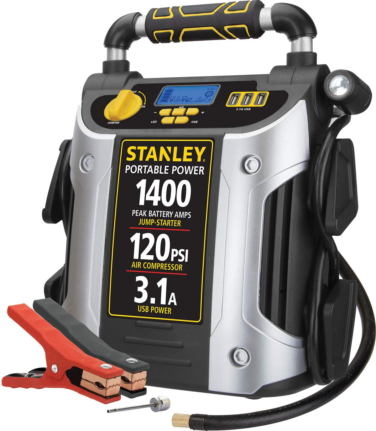 1400 Peak Amp Automotive Jump Starter, Portable Power - Triple 15W Usb Ports, 120 Psi Air Compressor