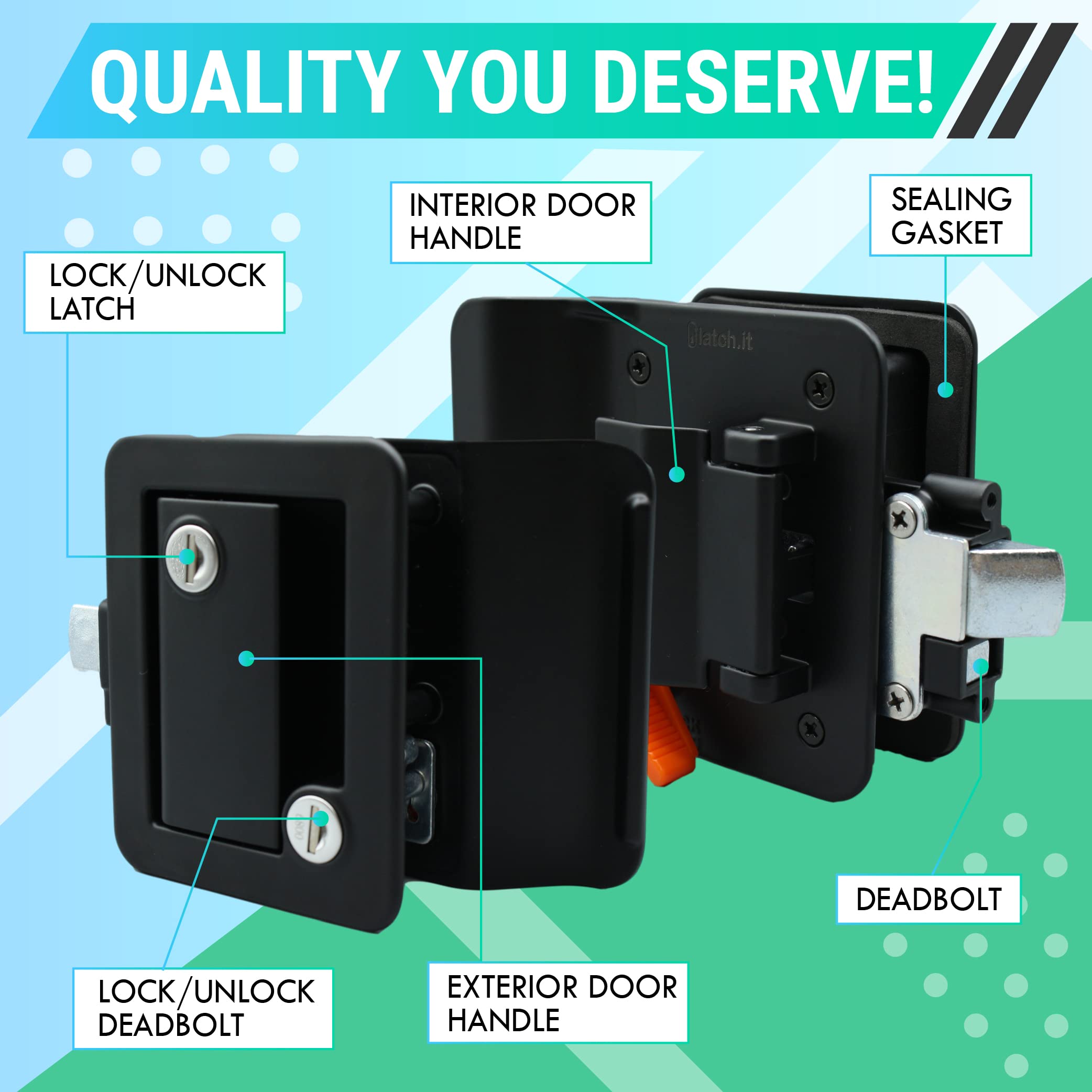 LATCH.IT Black RV Door Latch | 2 Keyed Alike RV Door Locks for Travel Trailers | Travel Trailer Door Latch | 100% Metal Camper D