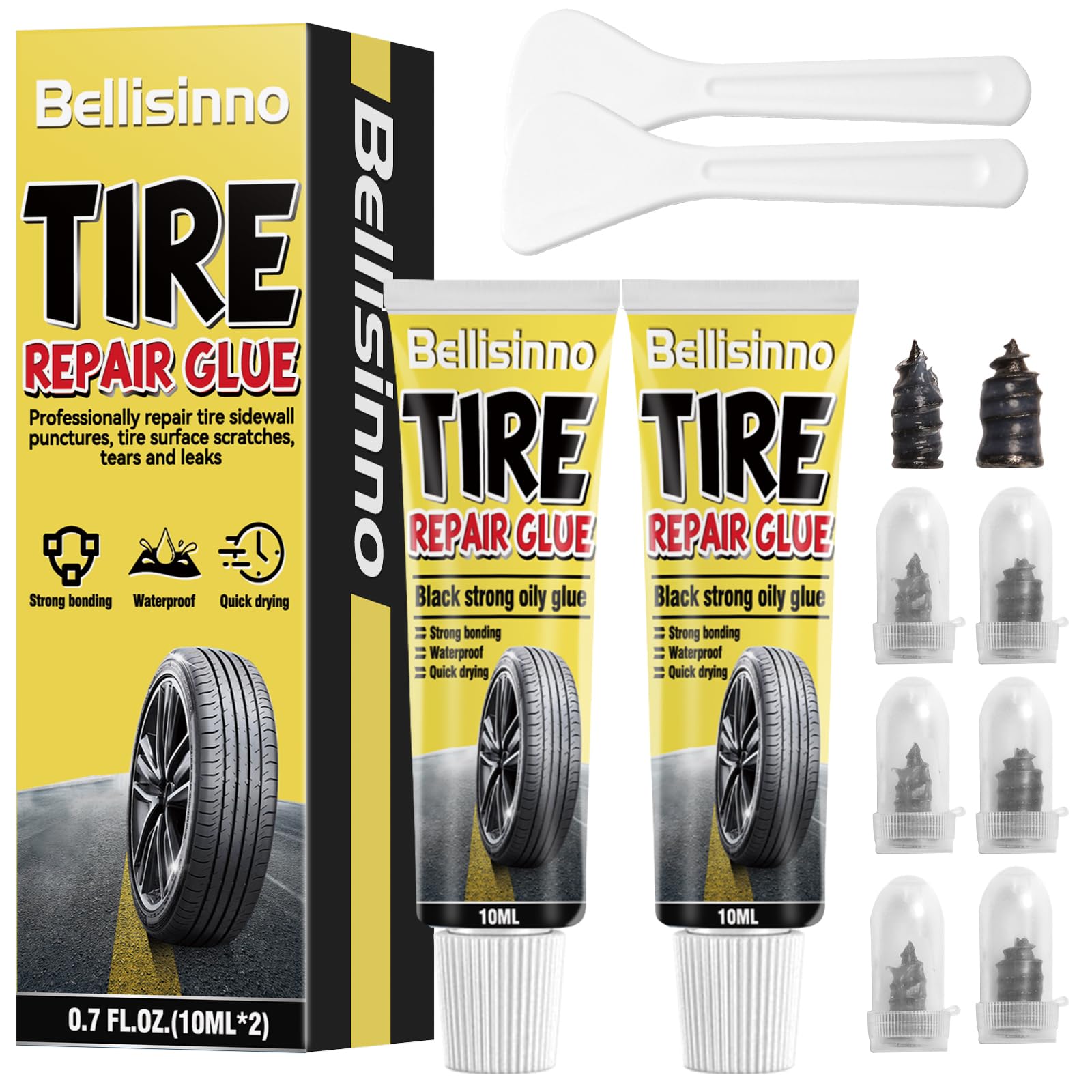 Bellisinno Black Tire Repair Glue Kit, Rubber Cement for Sidewall Fixes, Includes Two Sizes of Repair Nails, Suitable for Motorc