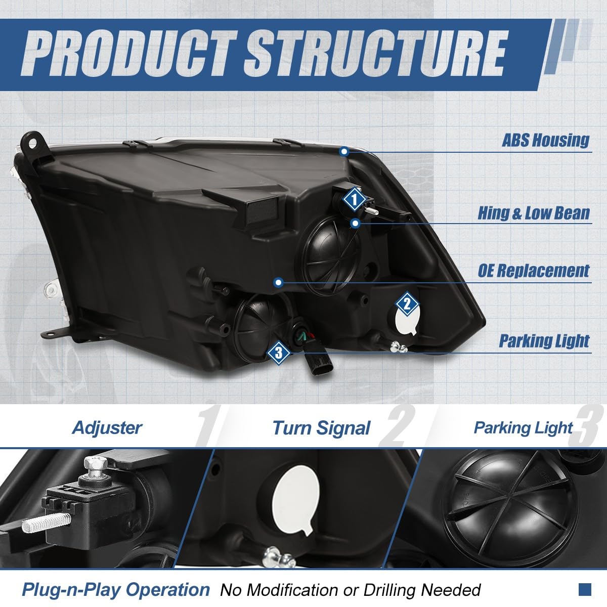 Auto Dynasty Quad Halogen Headlights Assembly Compatible With Dodge Ram 1500-5500 (New Body Style) 2009-2018, Driver And Passeng