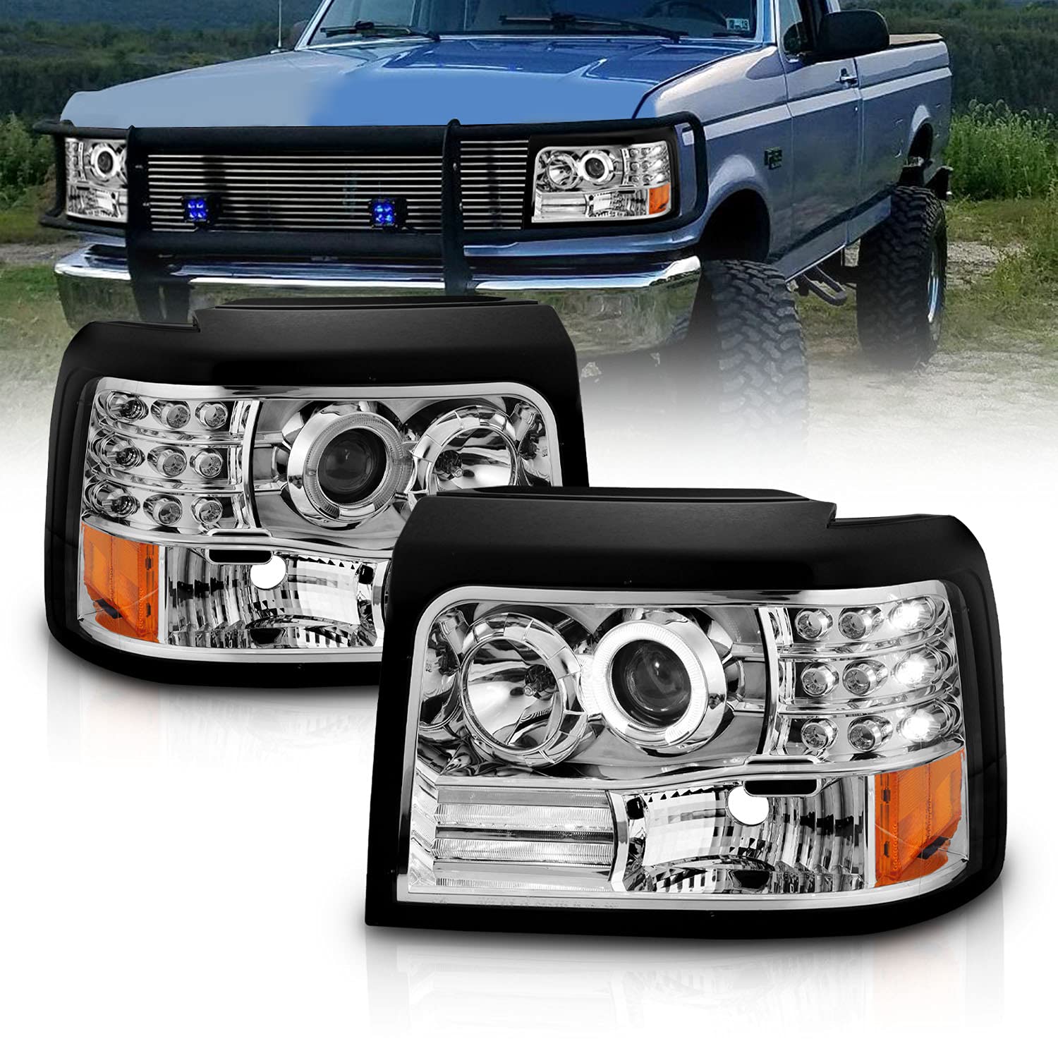 Amerilite Chrome Projector Halogen Car Headlights Halo For Ford F-150/F-250/Bronco - Passenger And Driver Side, Vehicle Light As