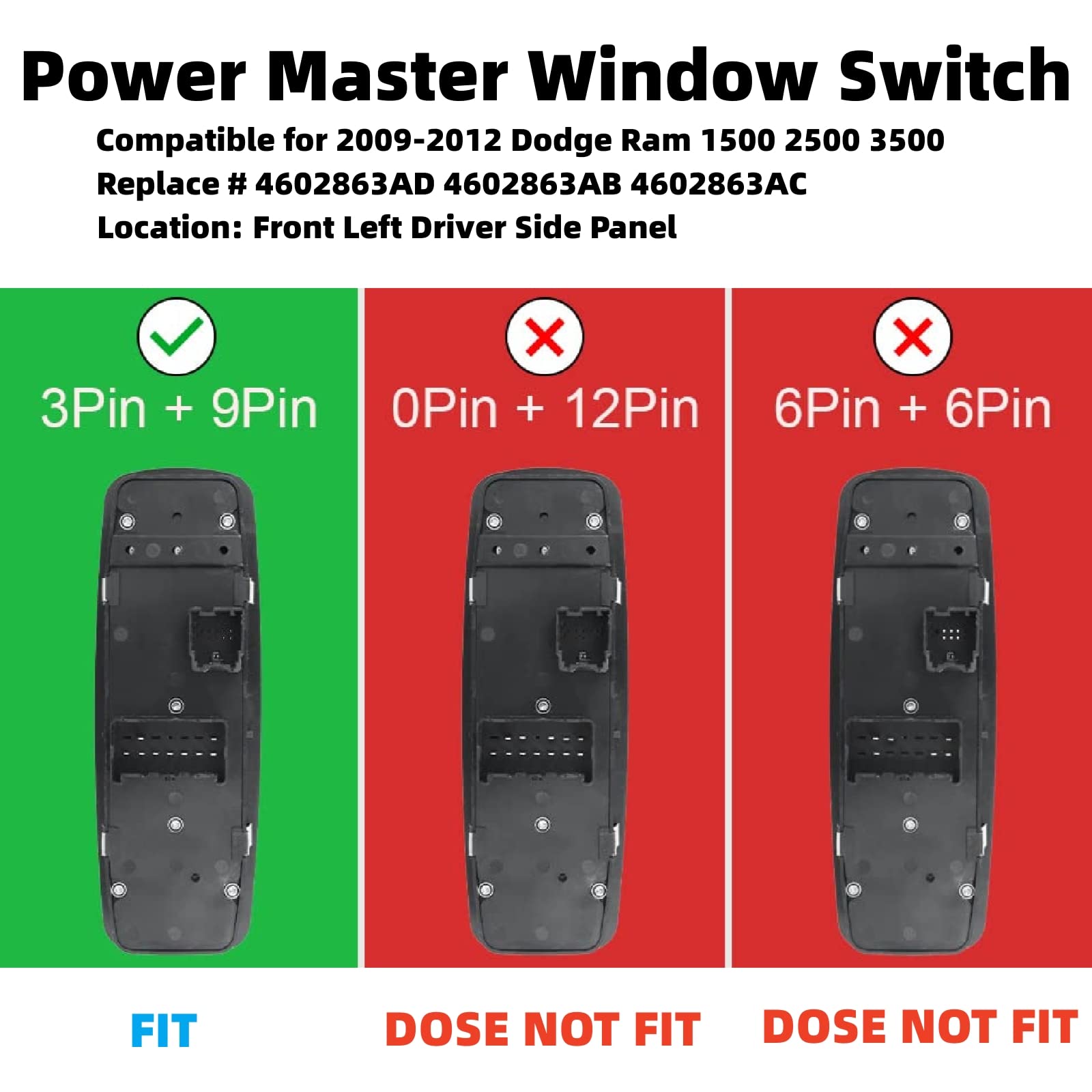 Driver Side Power Master Control Window Switch Replacement For 2009-2012 Dodge Ram 1500 2500 3500, Oe Replace 4602863Ad 4602863A