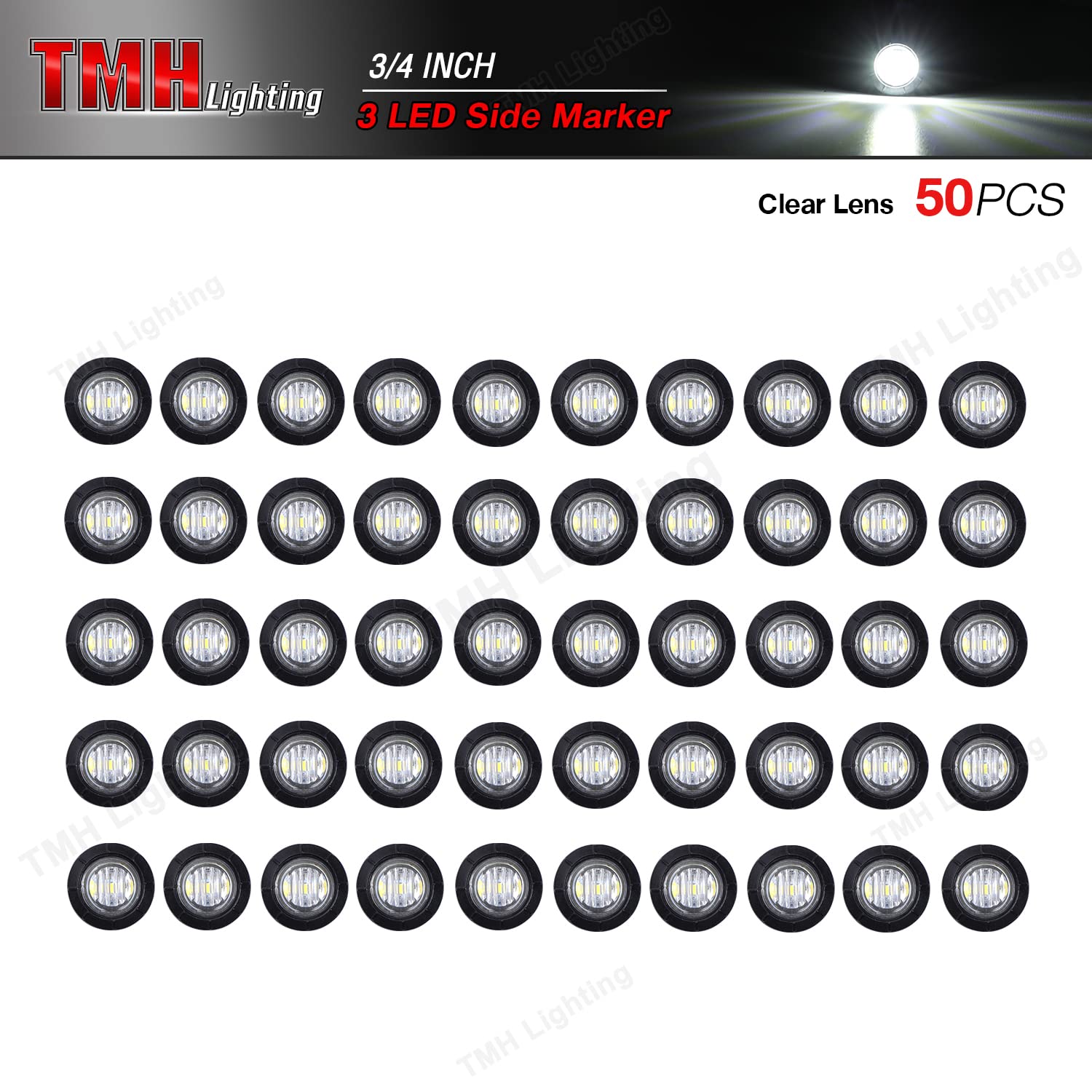 Tmh 50 Pcs 3/4 Inch White Light 3 Led Clearance Markers Side Marker Indicator Lights Mini Round Front Rear 3 Led With Rubber For