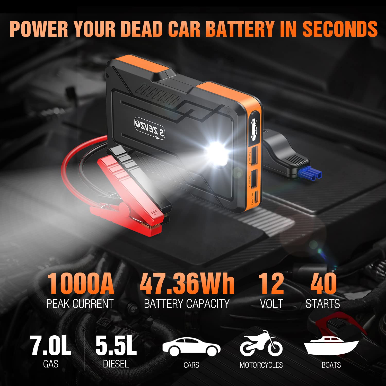 S Zevzo Jump Starter 1000A Peak Portable Jump Starter For Car (Up To 7.0L Gas/5.5L Diesel Engine) 12V Auto Battery Booster Pack