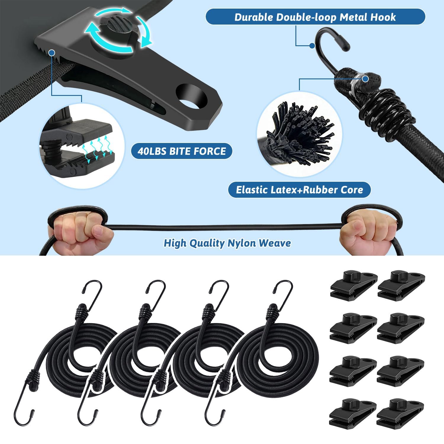 4PCS 50 Inch Car Cover Gust Straps Wind Protector, Heavy Duty Outdoor Bungee Cords Hook Clips Kit for Securing Cargo, Luggage, C