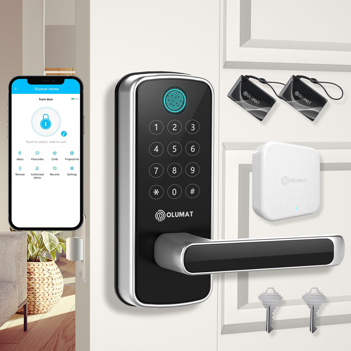 Olumat Smart Door Lock With Wifi Gateway, Keyless Entry Door Lock With Handle - Smart Locks For Front Door With Keypad - Fingerprint Door Lock With App Control - Auto Lock