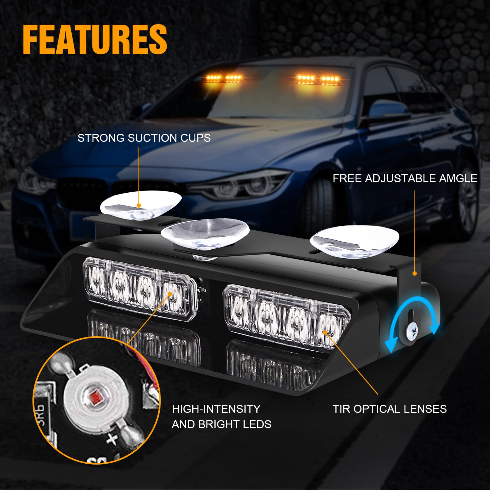 Xridonsen Amber 2 In 1 Emergency Dash Strobe Lights Interior Windshield Lights Hazard Warning Safety Flashing W/Suction Cups For