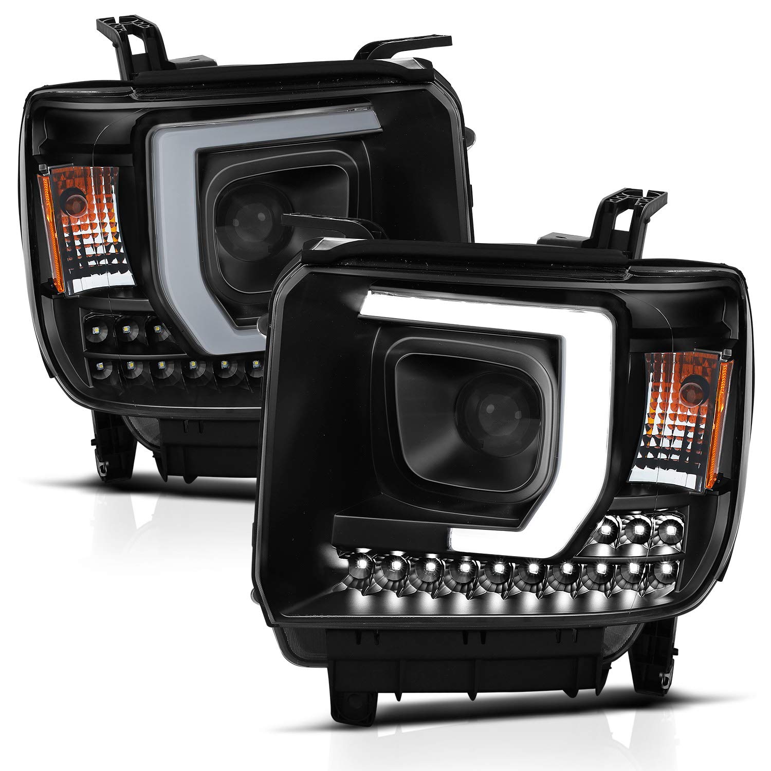 Amerilite Projector Halogen Headlights Led Drl Bar For Gmc Sierra 1500 2500Hd 3500Hd Pickup Truck Driver And Passenger Pair, Vehicle Light Assembly, Black