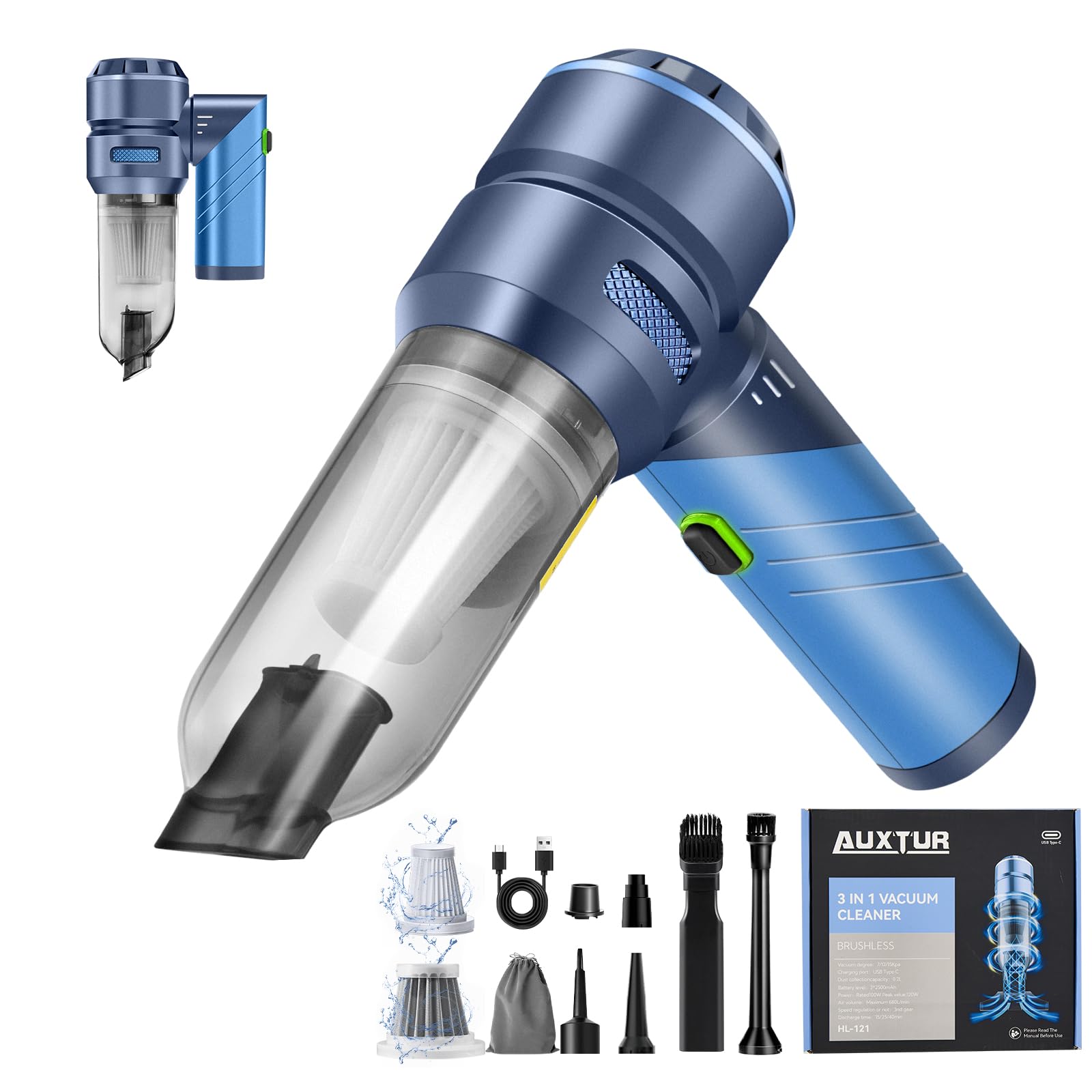 AUXTUR HL121 Car Vacuum,Portable & Foldable Design,17000PA Strong Suction,Dual-Function Vacuum and Air Blower for Automotive Int