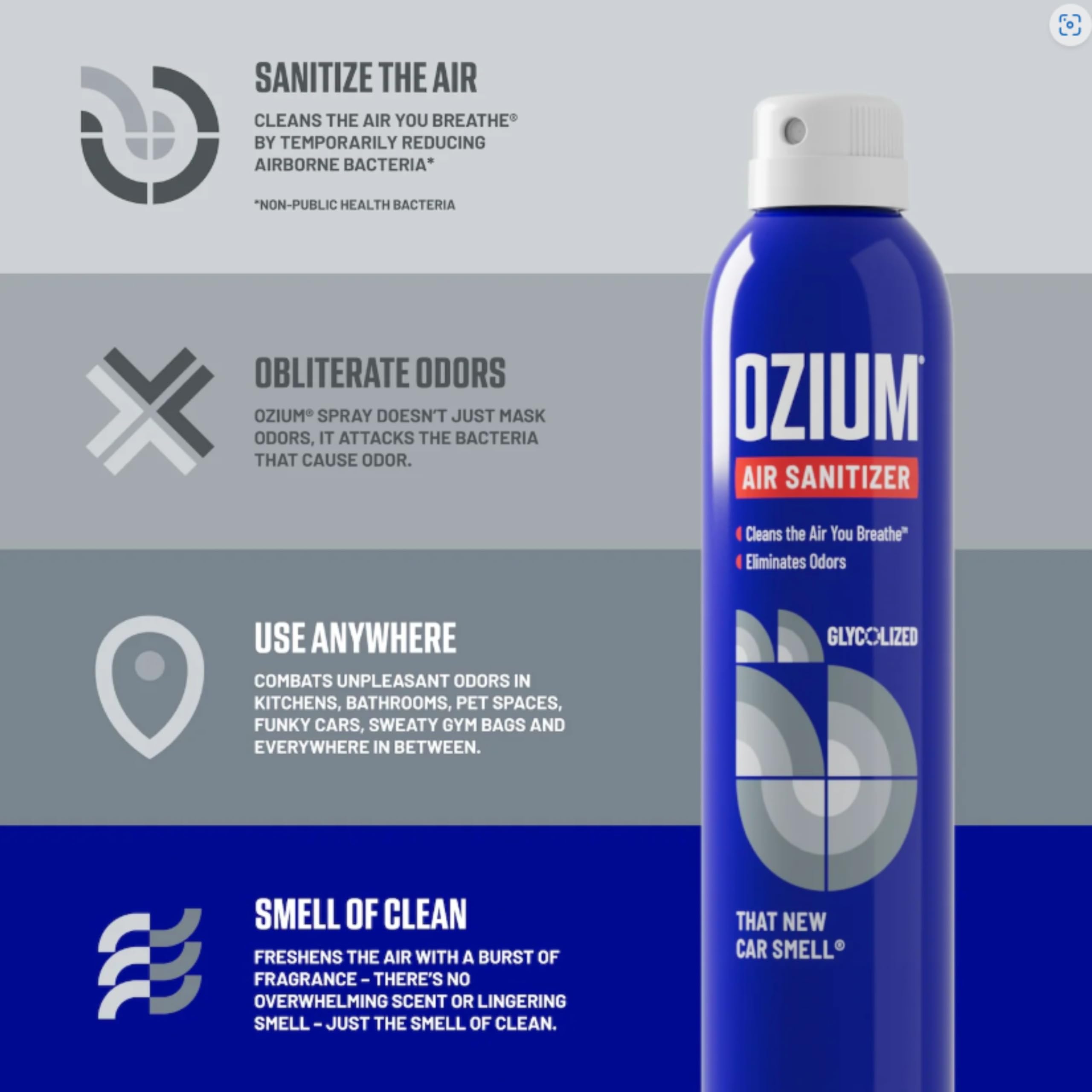 Ozium® Air Sanitizer & Odor Eliminator - 3.5 Oz. Pack of 3, New Car Smell, Blue
