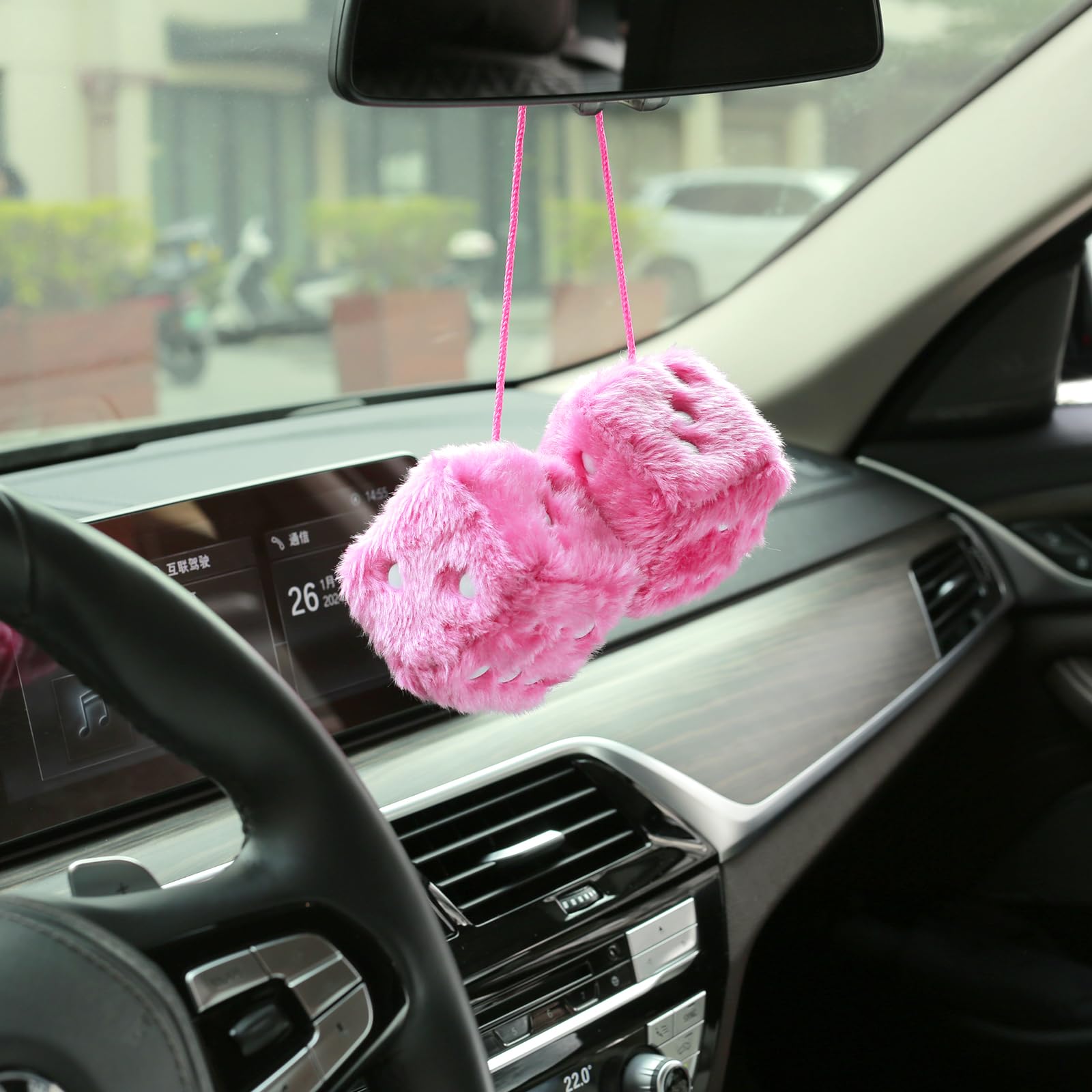 Ygmoner Pair Of Retro Square Mirror Hanging Couple Fuzzy Plush Dice With Dots For Car Decoration (Pink)
