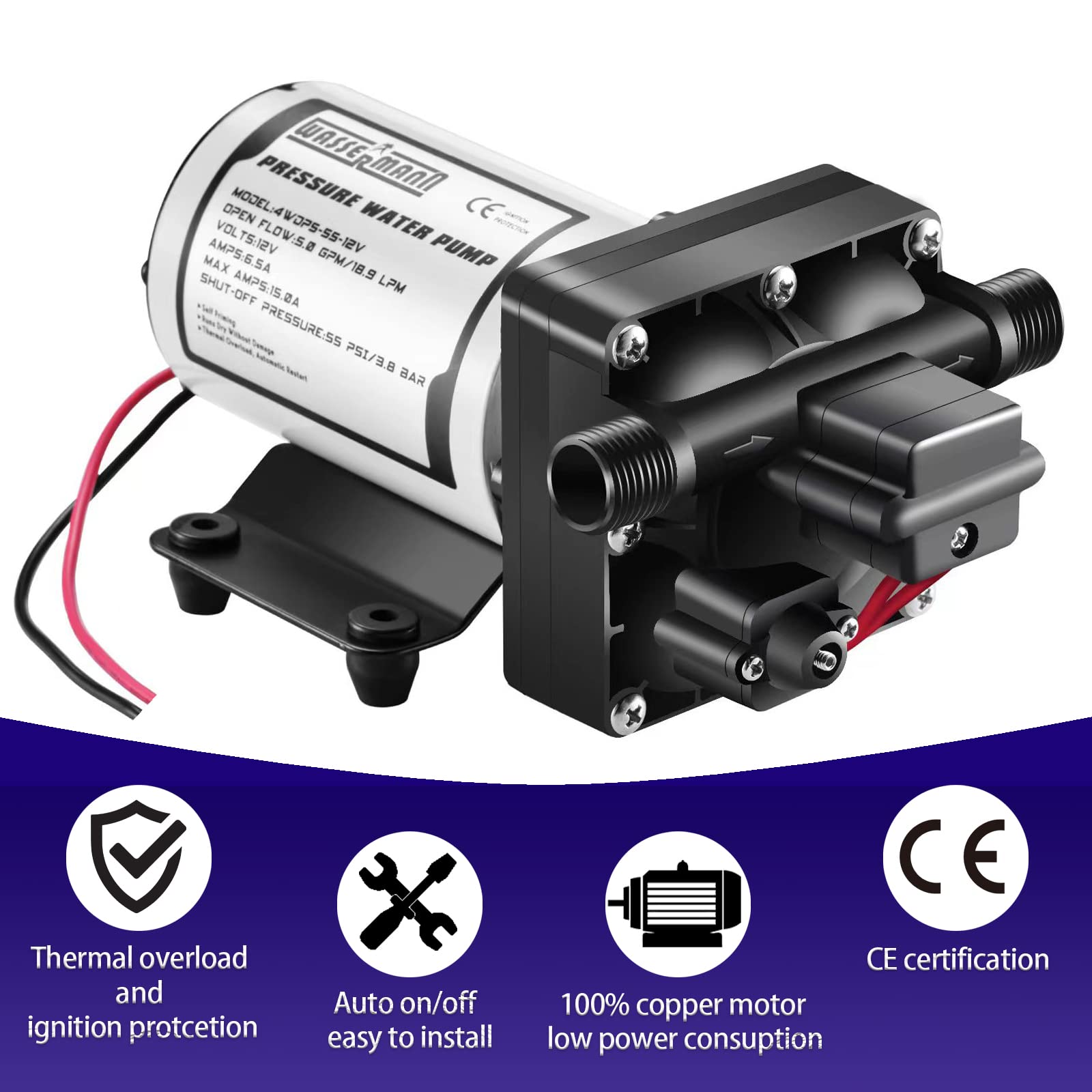 Wassermann Rv Water Pump 12V Dc, Self Priming Diaphragm Pump 5.0 Gpm 55 Psi, Water Pressure Pump With Pressure Switch, For Rv Ma