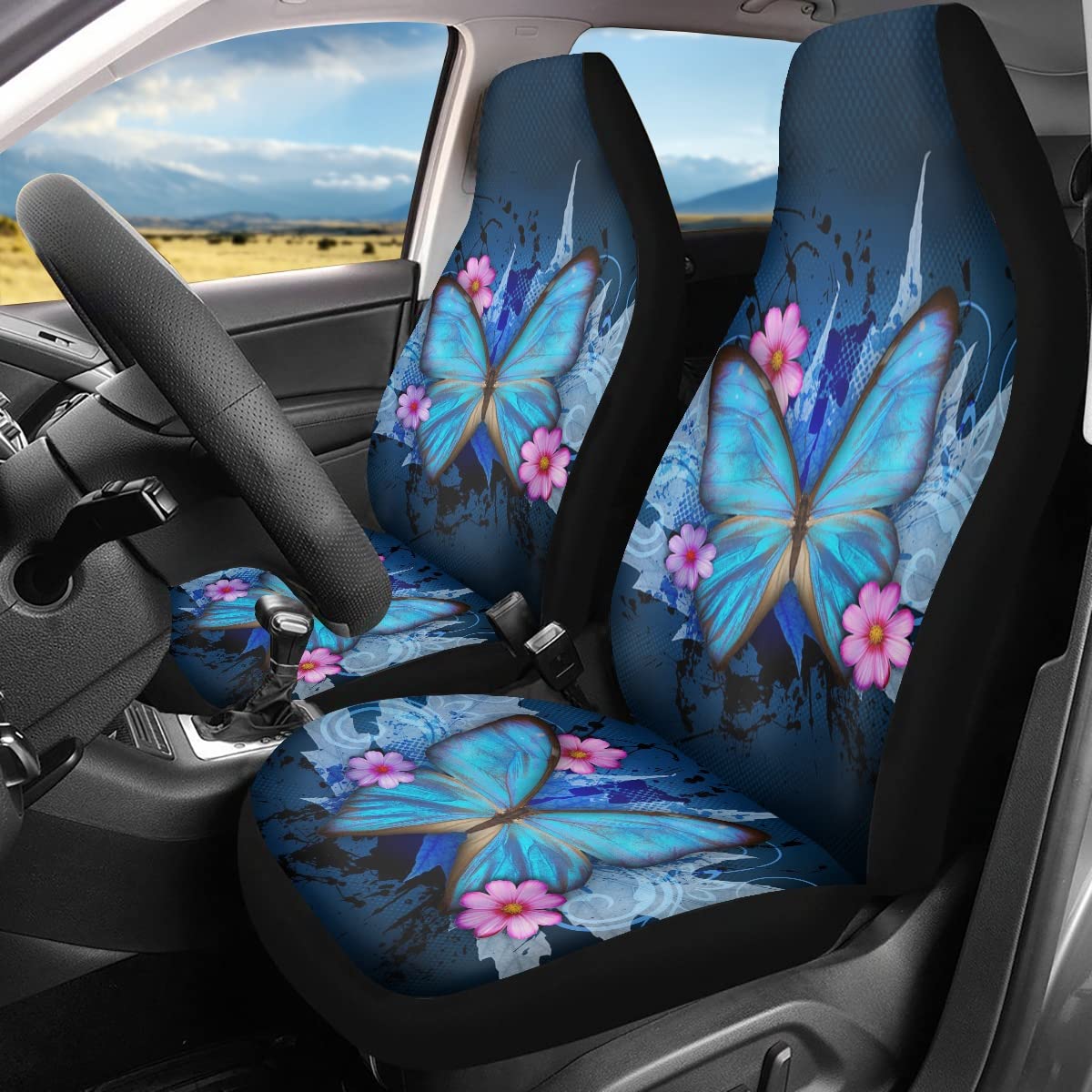 Bigcarjob Trendy Car Seat Covers Ble Butterfly Print High Back Seat Cover Set Of 2 Ultra-Soft Universal Fit