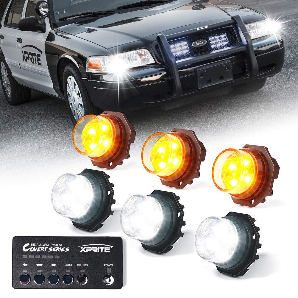Xprite White Amber Led Hideaway Strobe Lights Kit 20 Flashing Patterns W/Control Panel Headlights Taillights Fog Marker Light Mo