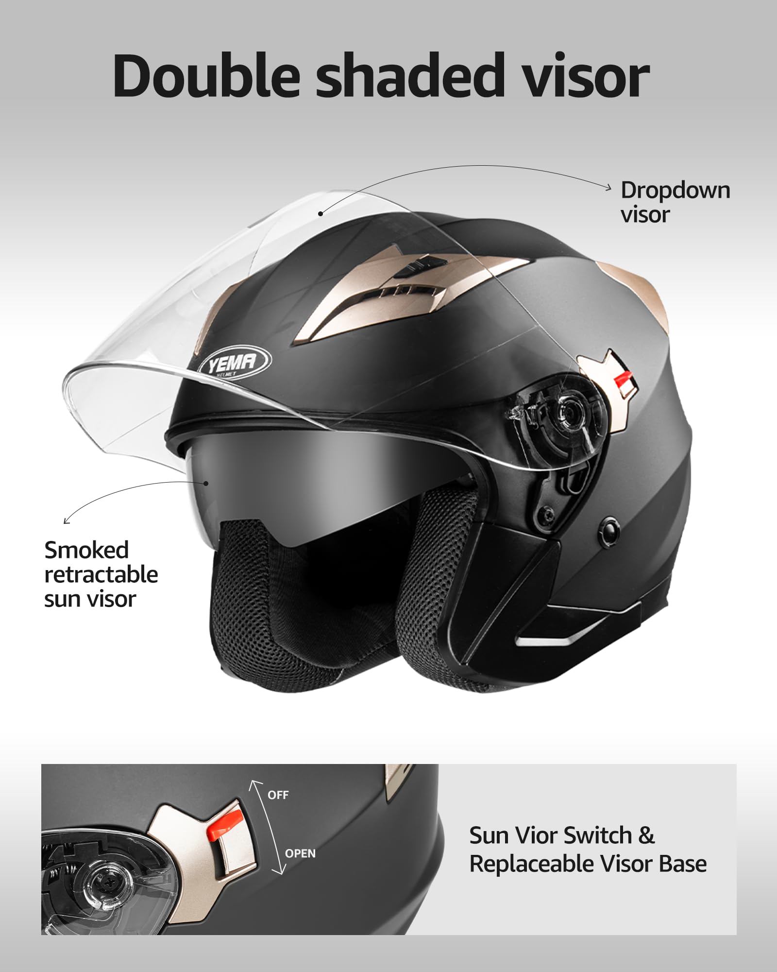 Yema Helmet Unisex Motorcycle Open Face Dot Approved Ym-627 Motorbike Moped Jet Bobber Pilot Crash Chopper 3/4 Half Helmet With