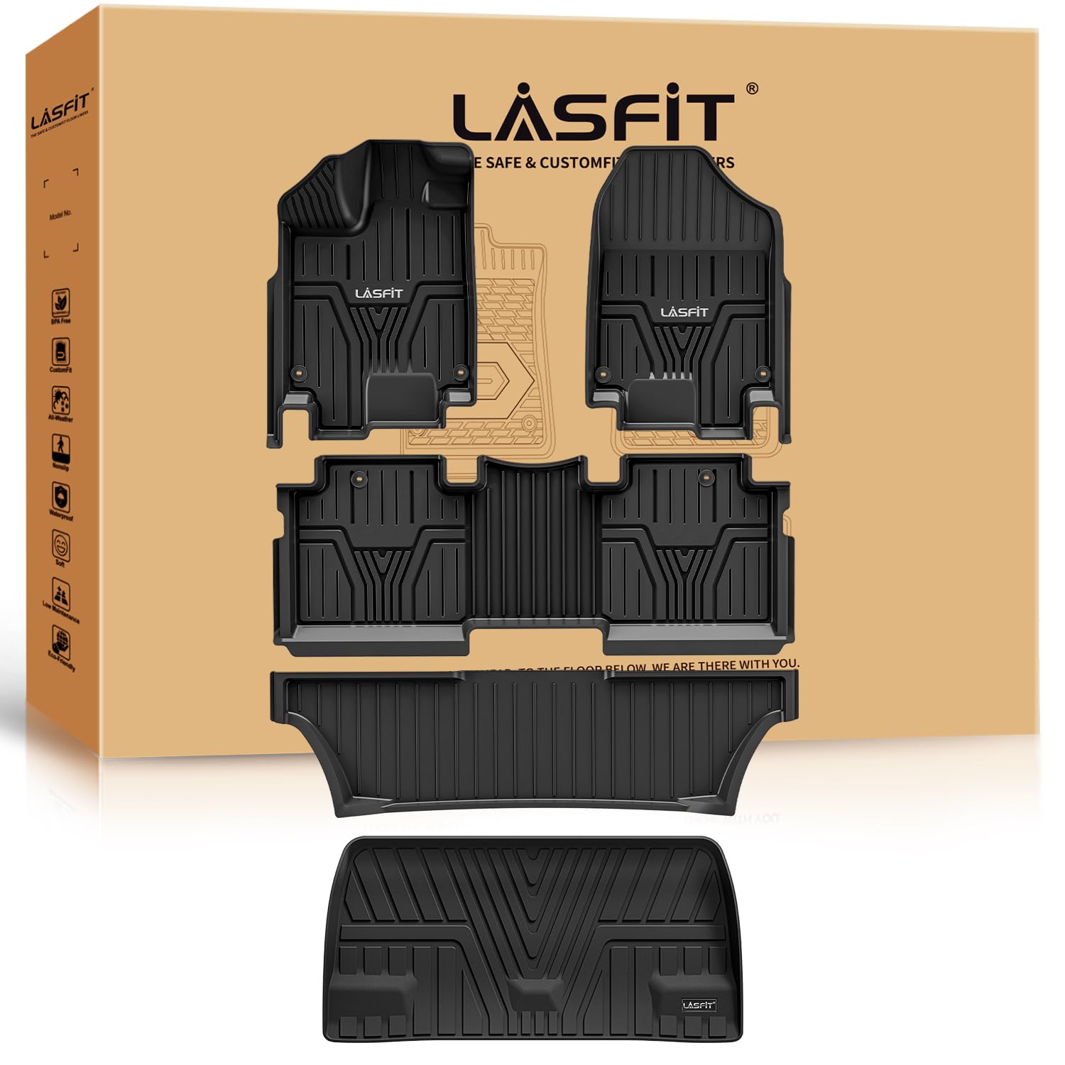 Lasfit Floor Mats & Trunk Mat For Honda Odyssey 2025 2024 2023 2018-2022 Mini Passenger Van, All Weather Tpe Car Floor Liners-1S