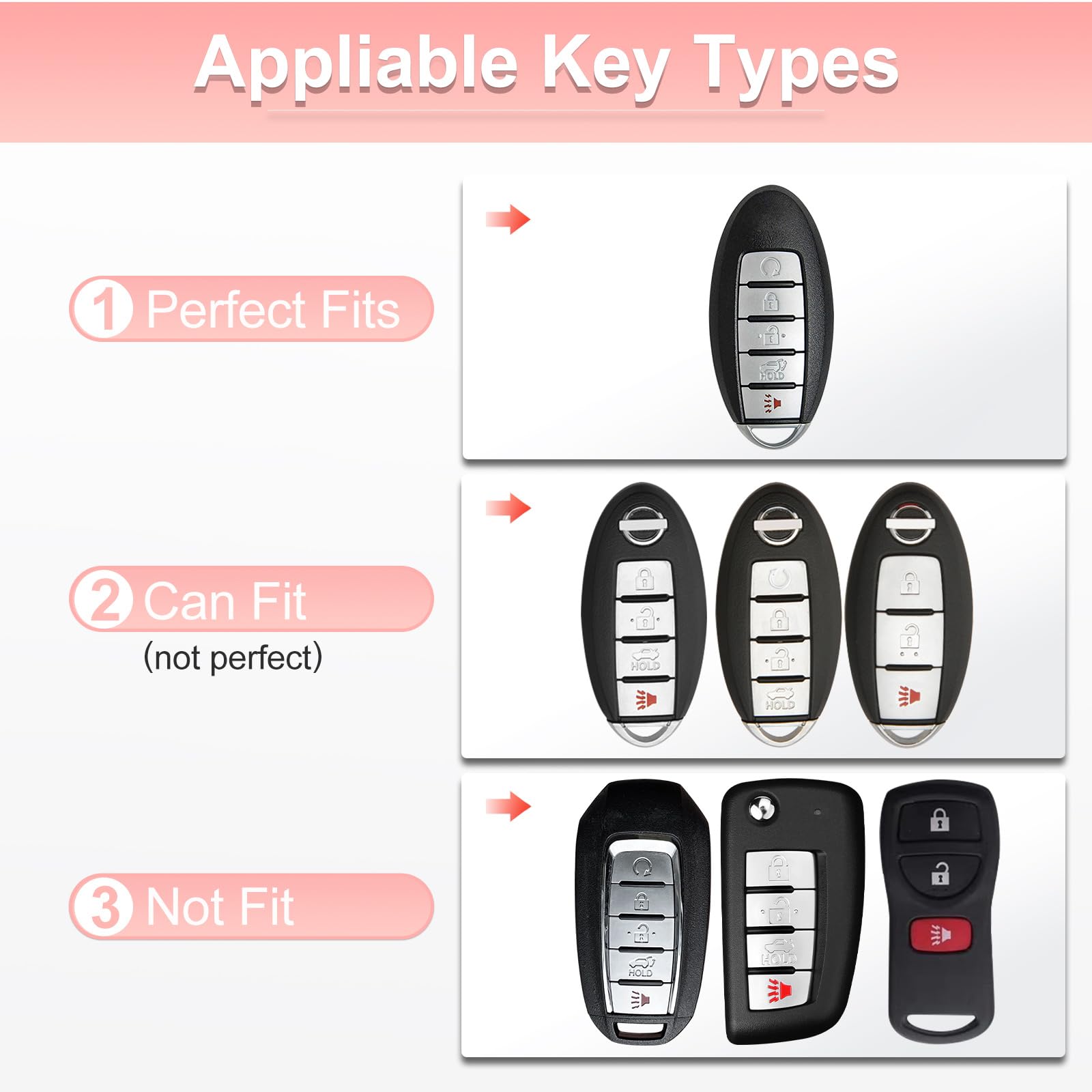Pangpai Pink Car Accessories 3 Pcs for 5 Buttons Nissan Key Fob Cover with Bling Keychain Cute Push to Start Button Cover