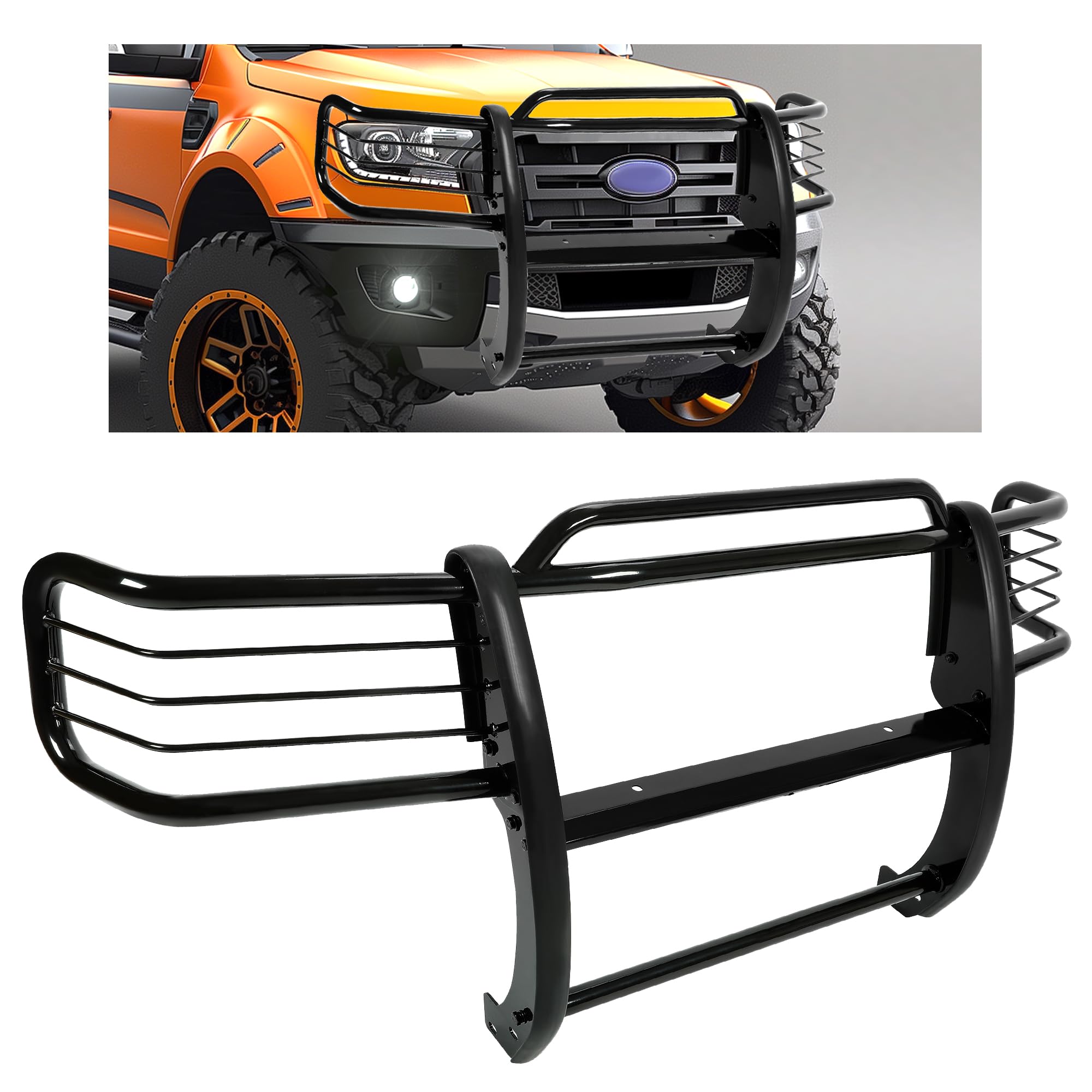 KUAFU Brush Guard Compatible with 2001-2012 Ford Ranger Mazda B-Series Pickup With Skid Plate Bull Bar Front Bumper Grill Grille