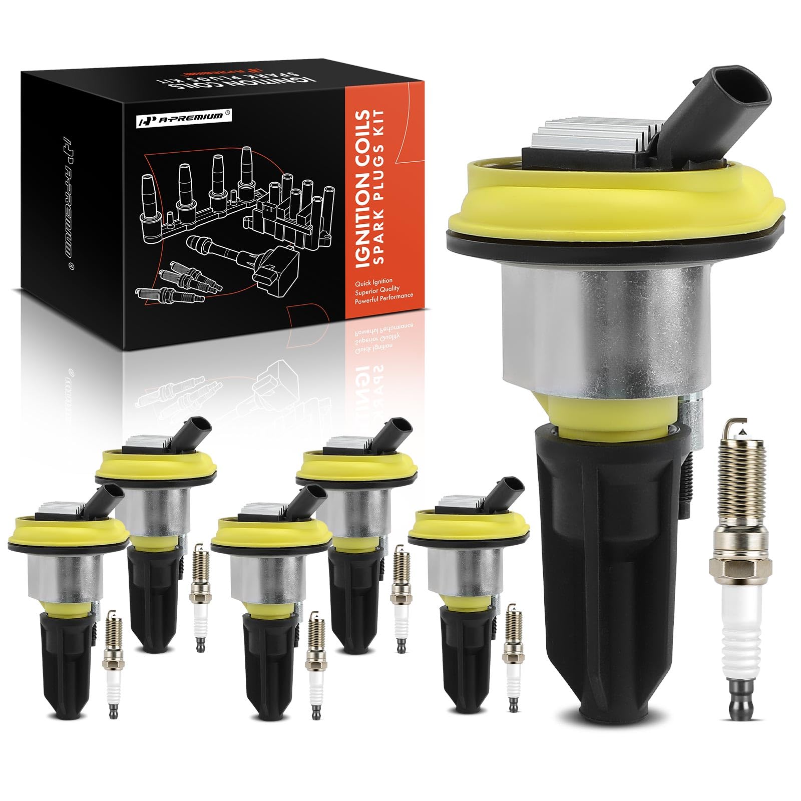 A-Premium (Yellow) Set Of 12 Ignition Coil Pack And Iridium Spark Plugs Compatible With Chevrolet Trailblazer Ext & Gmc Envoy, E