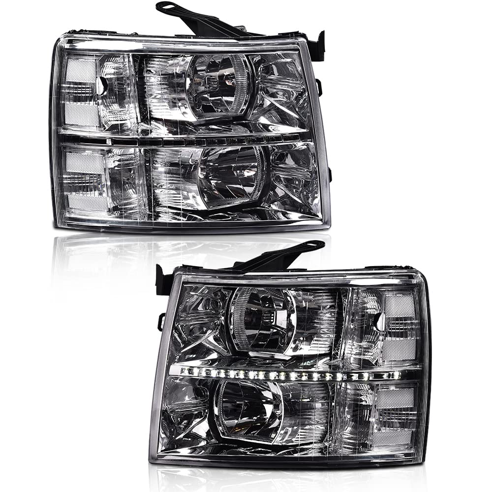 Pit66 Led Strip Headlight, Compatible With 07-13 Chevy Silverado 1500 2500 3500 & Hd(For 2500Hd/3500Hd, Fit 2007 New Body & 2014 Old Body Style) Clear Lens Clear Housing Clear Corner
