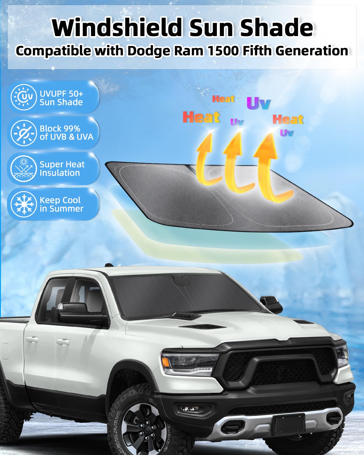 Mixsuper Liner Windshield Sun Shade for 2019-2025 Dodge Ram 1500, Black Foldable UV Heat Blocker, Front Window Cover Accessories