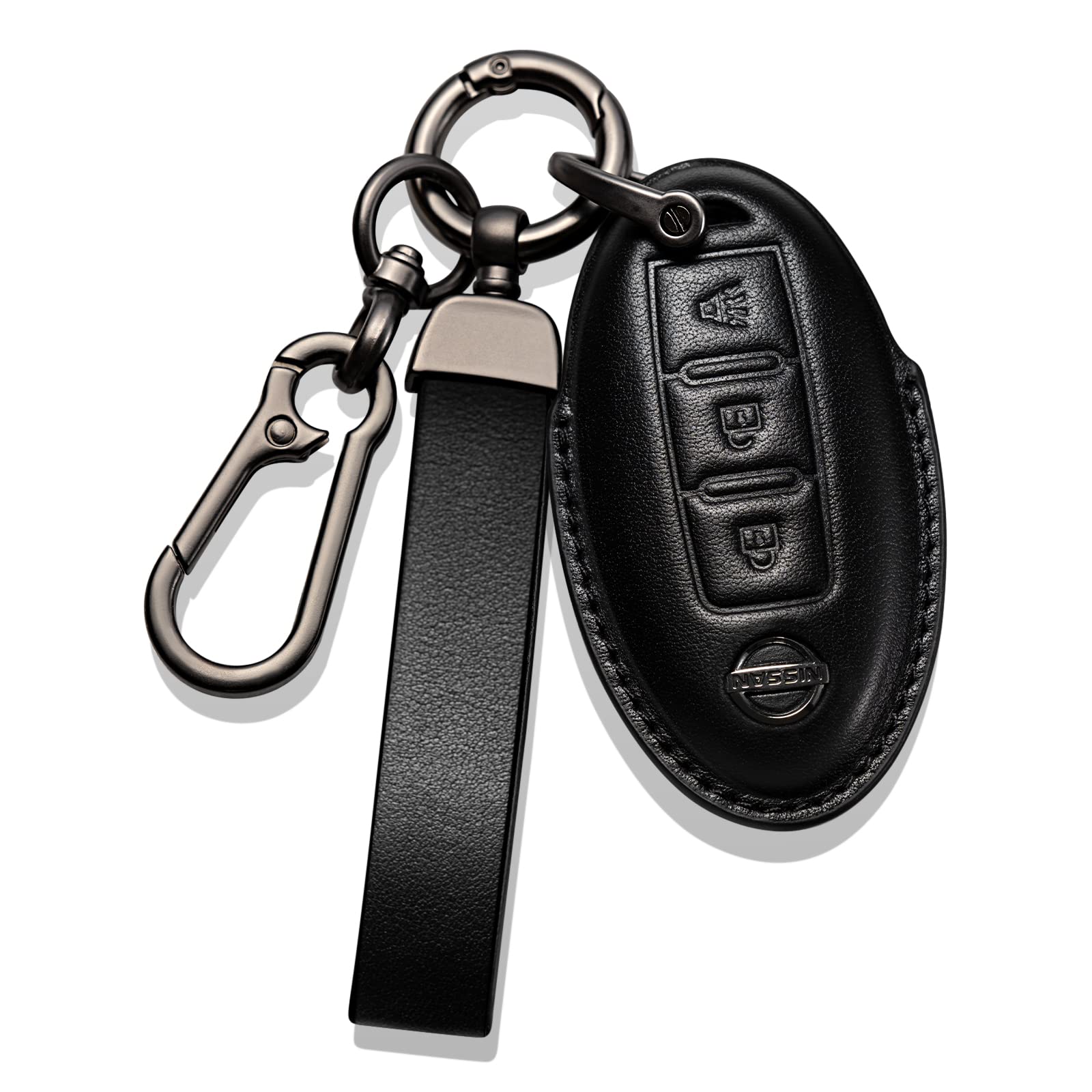 Smyfob Nissan Key Fob Cover Leather Lanyard Keychain Holder Car Key Case Protector 370Z Frontier Juke Kicks Titan Accessories 3 Buttons